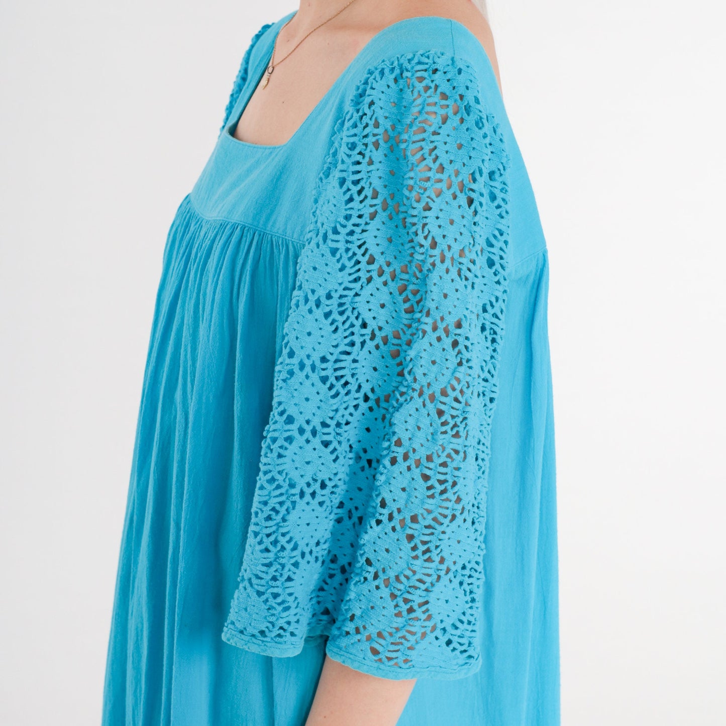 90s Turquoise Cotton Midi Dress Cutout Lace Bell Sleeve Tent Cut Medium M