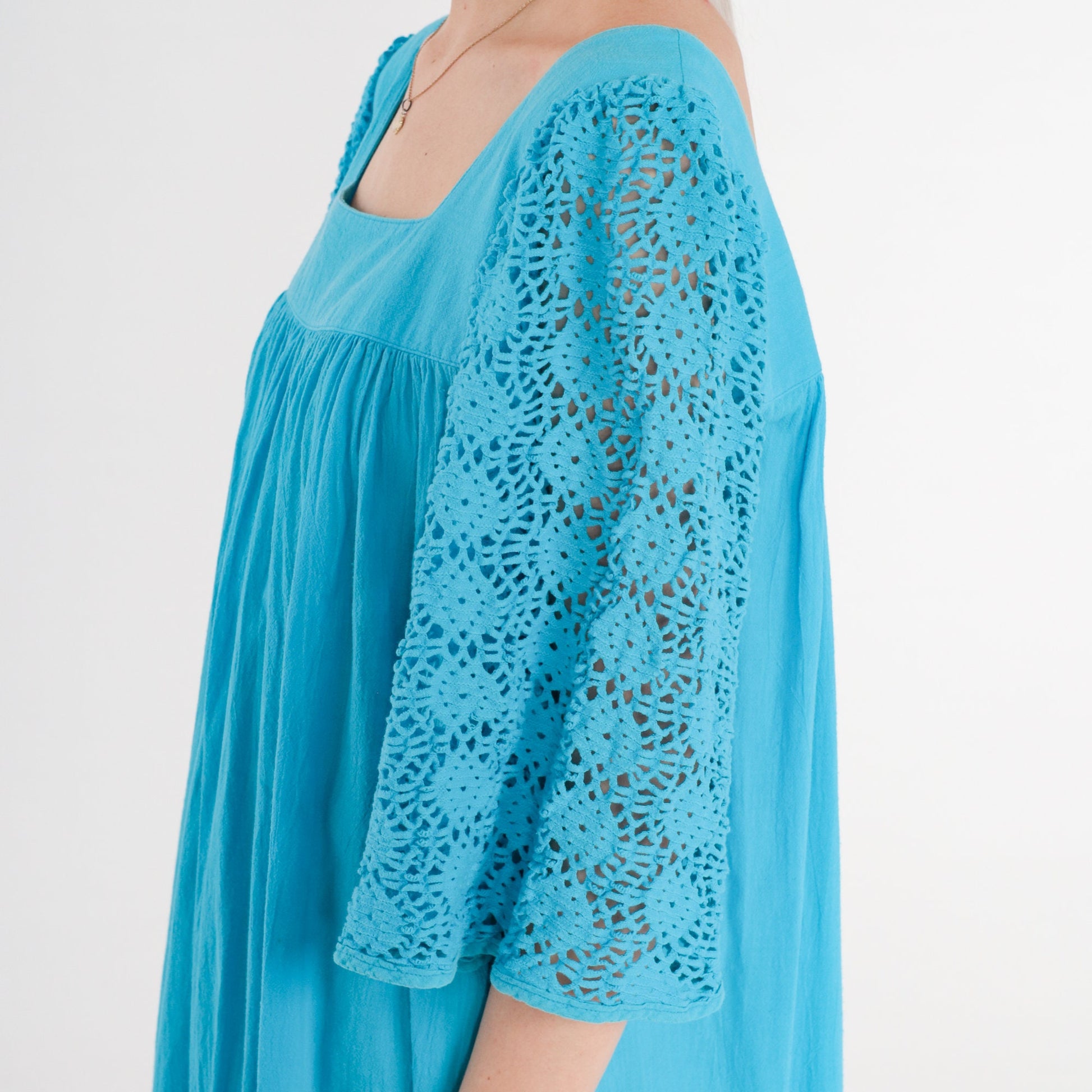 90s Turquoise Cotton Midi Dress Cutout Lace Bell Sleeve Tent Cut Medium M