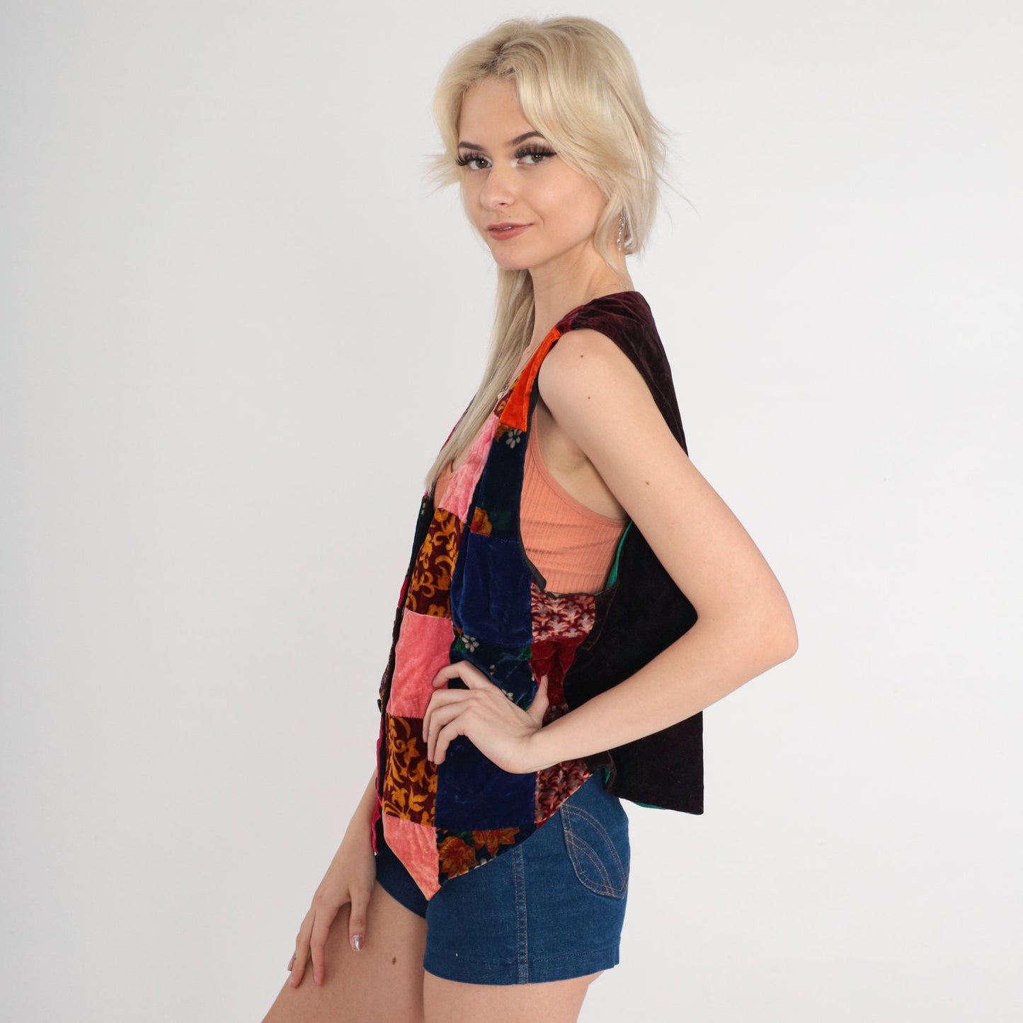 70s Velvet Patchwork Floral Button-Up Vest Pink Red Blue Medium M