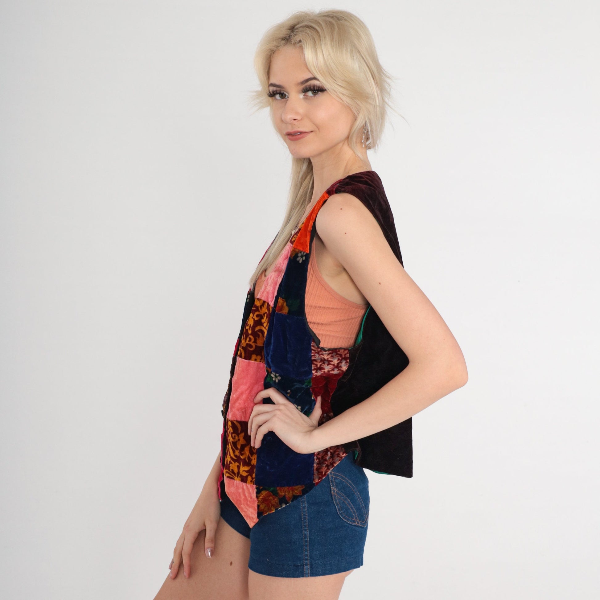 70s Velvet Patchwork Floral Button-Up Vest Pink Red Blue Medium M