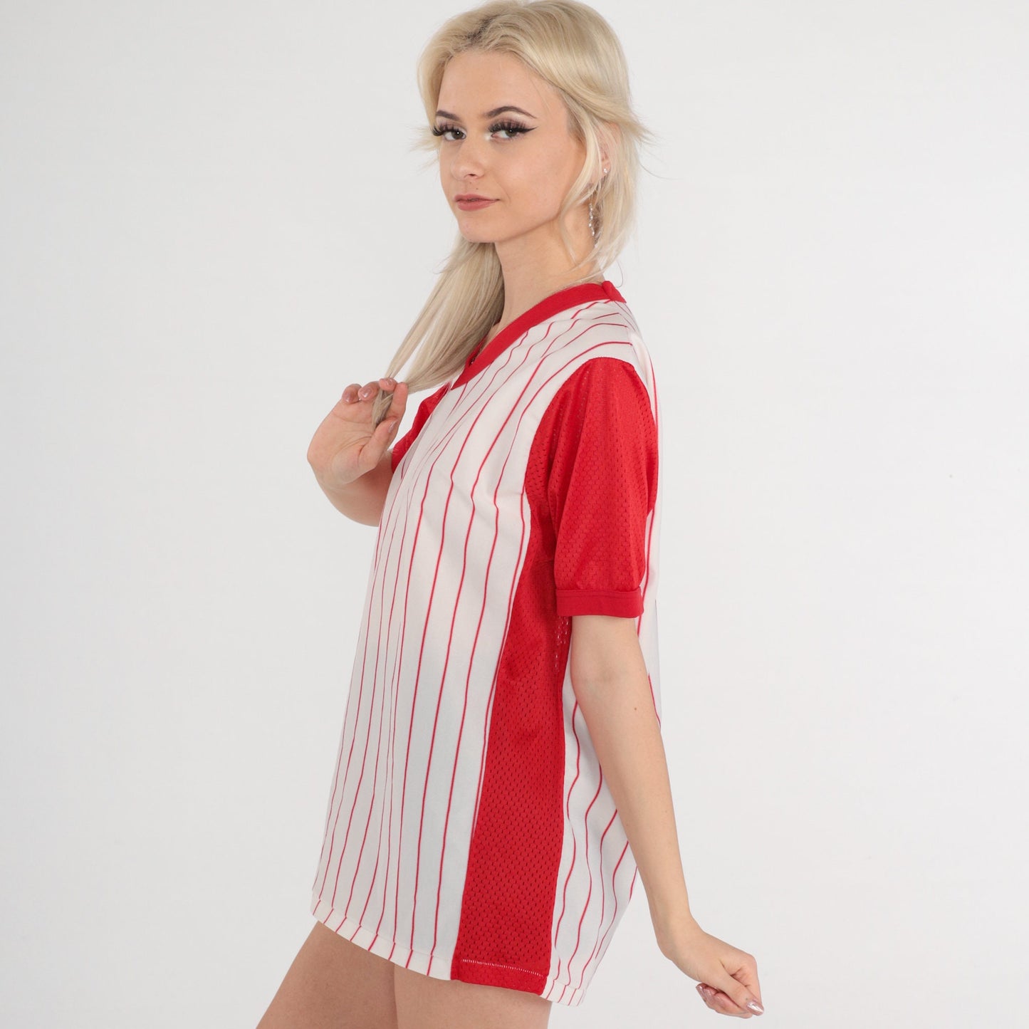 80s Mel's Outer Limits Baseball Jersey Red White Striped Mesh Ringer Tee Medium