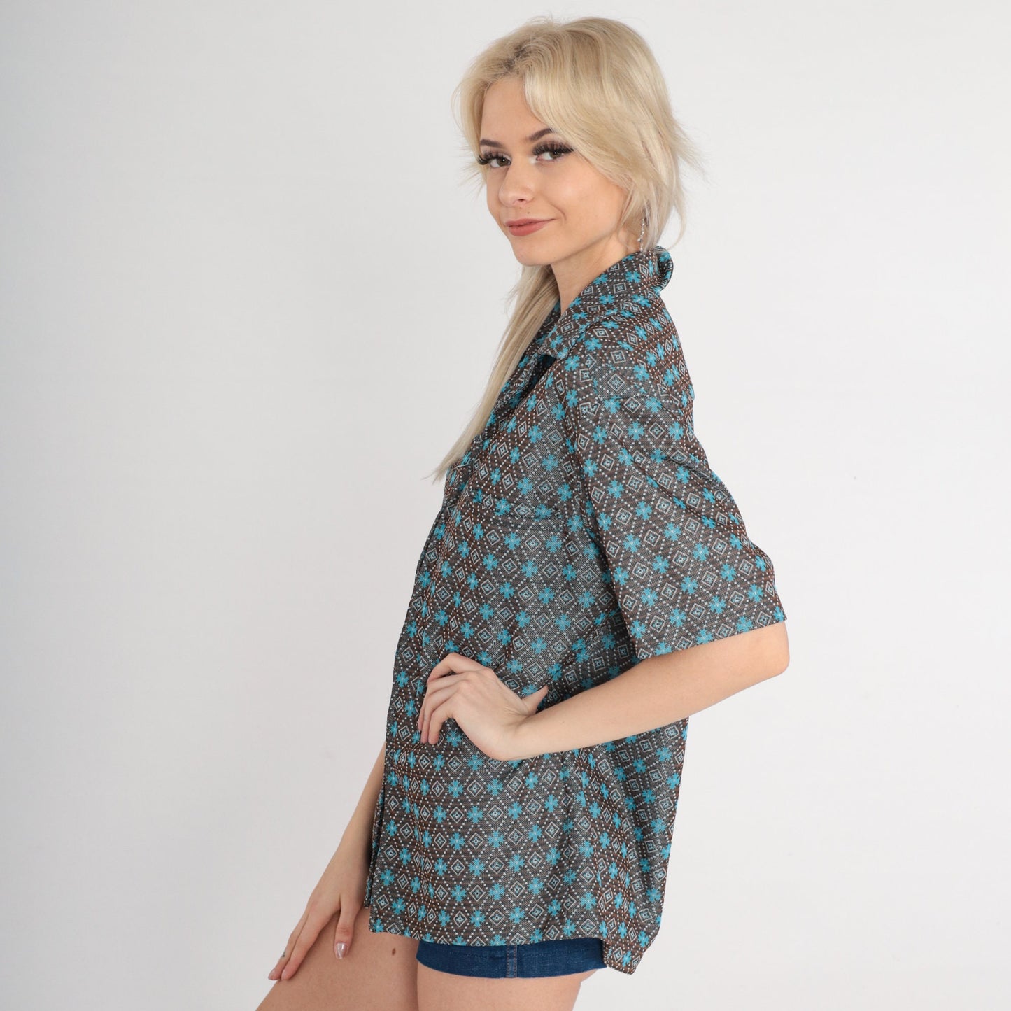 70s Disco Shirt Geometric Tile Print Zip Up Wing Collar Brown Blue Striped Large