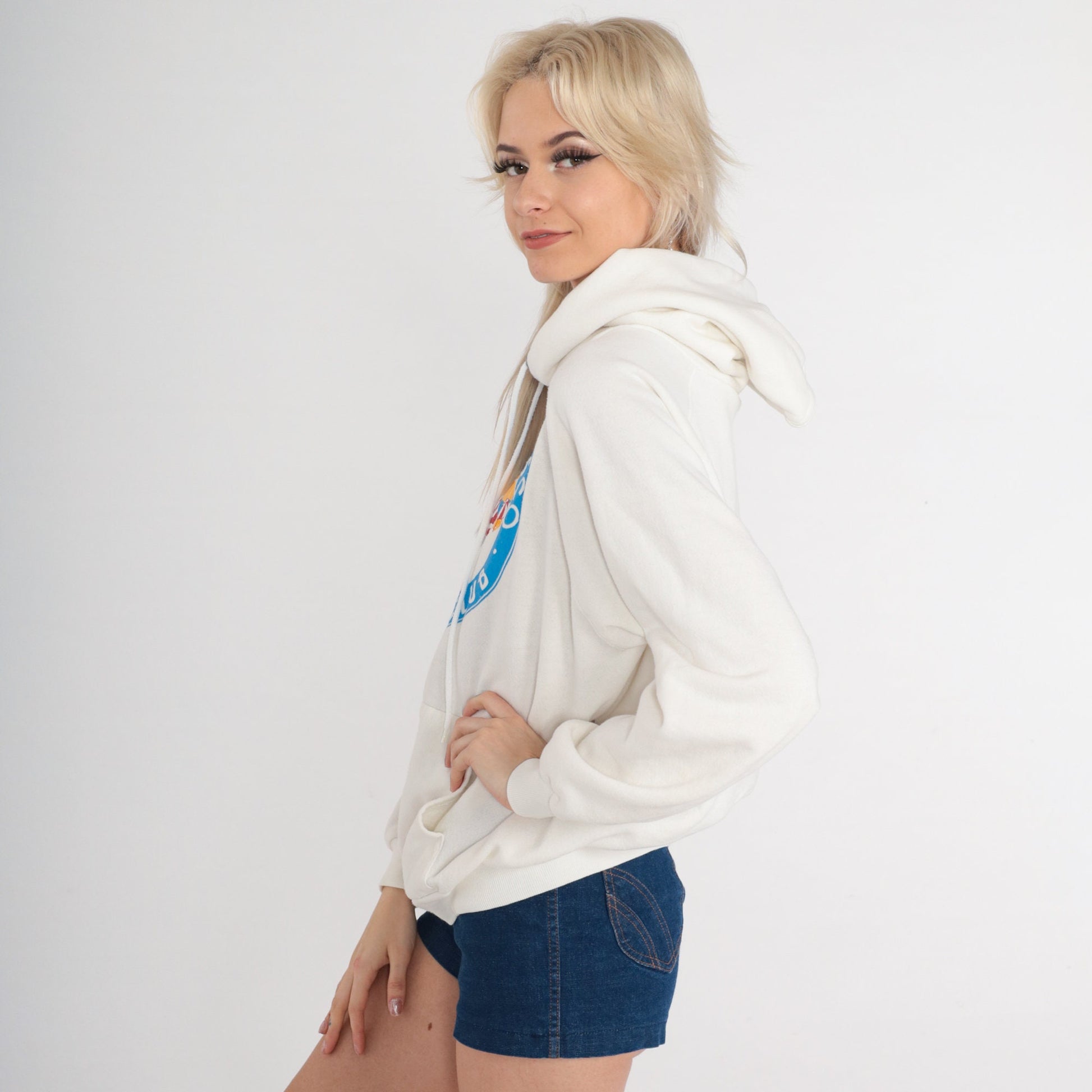 90s San Francisco Beach Club Hoodie White Raglan Graphic Sweatshirt Large