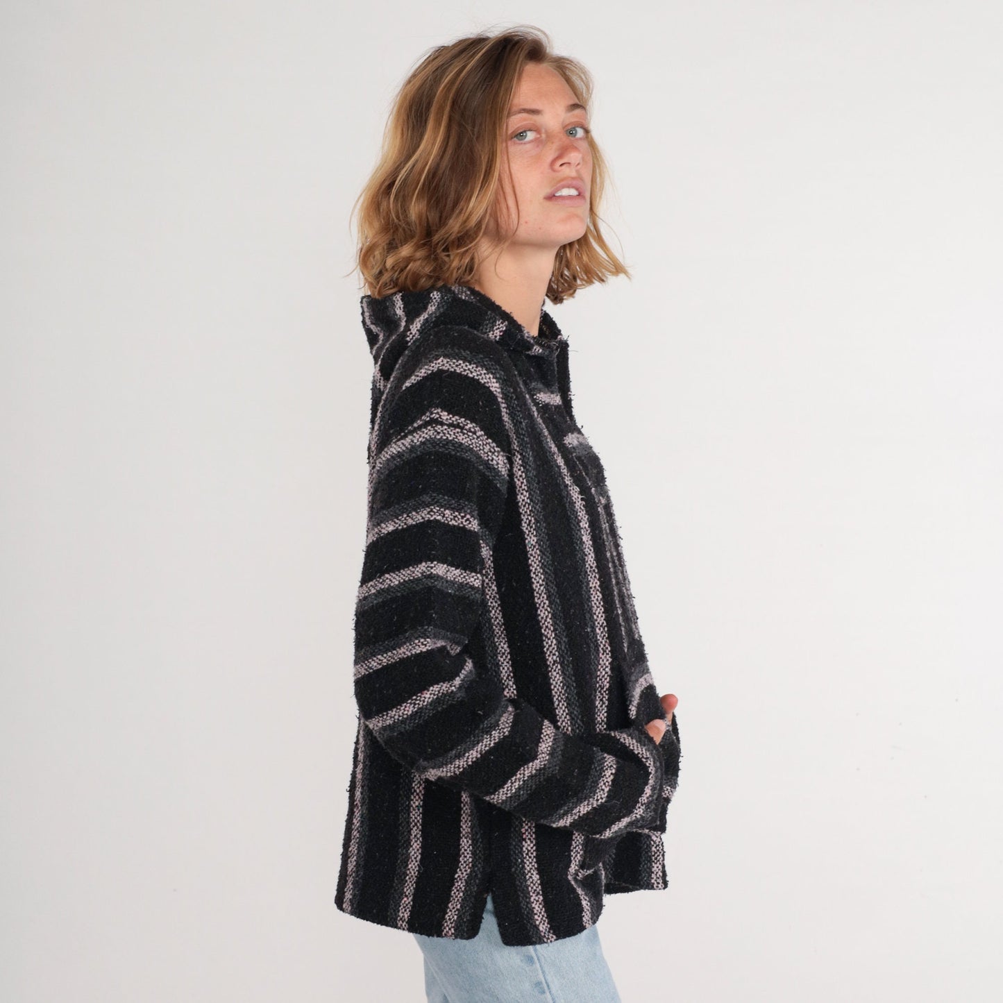 90s Mexican Baja Hoodie Black Grey White Striped Kangaroo Pocket Medium M