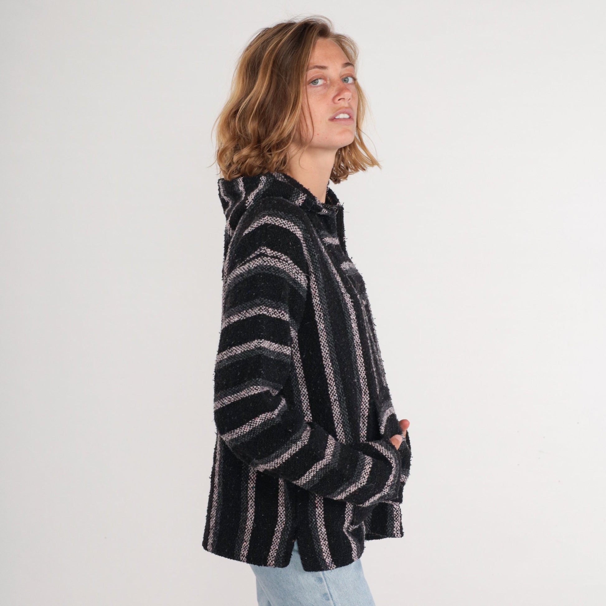 90s Mexican Baja Hoodie Black Grey White Striped Kangaroo Pocket Medium M