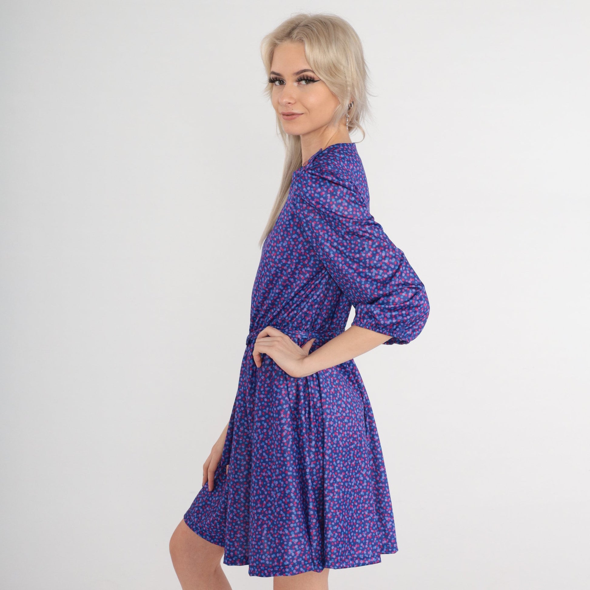 80s Purple Confetti Mini Dress Puff Sleeve Shoulder Buttons Small