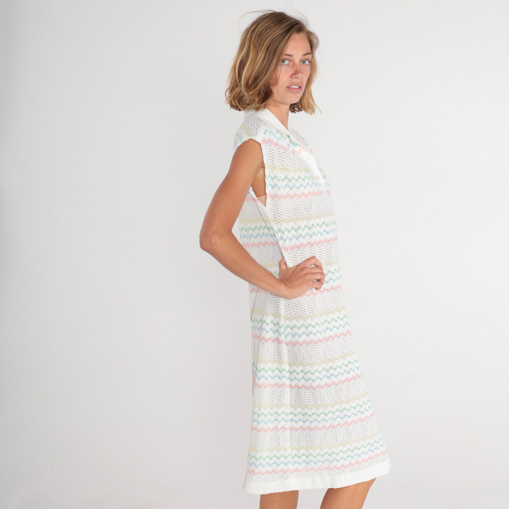 70s White Crochet Midi Dress Pastel Zigzag Striped Collared Cap Sleeve Medium