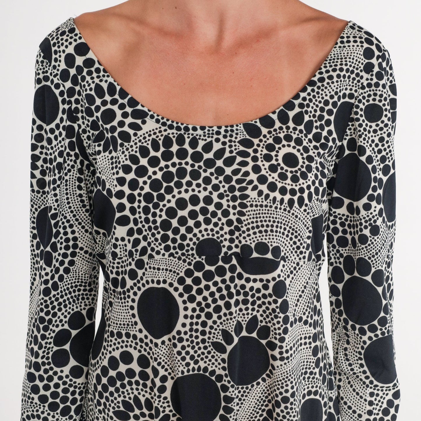 70s Mod Mini Dress Black White Abstract Dot Print Long Sleeve Medium
