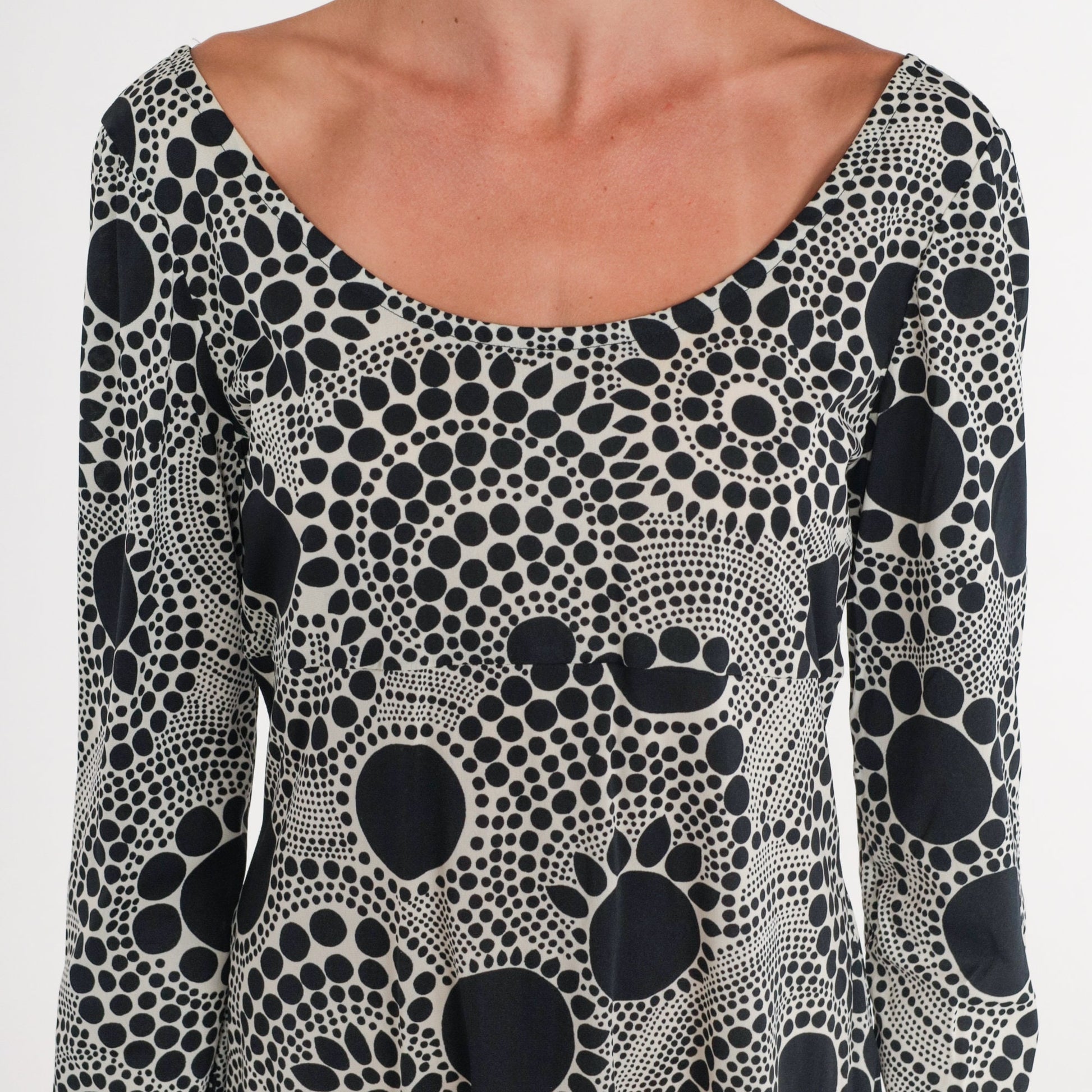 70s Mod Mini Dress Black White Abstract Dot Print Long Sleeve Medium