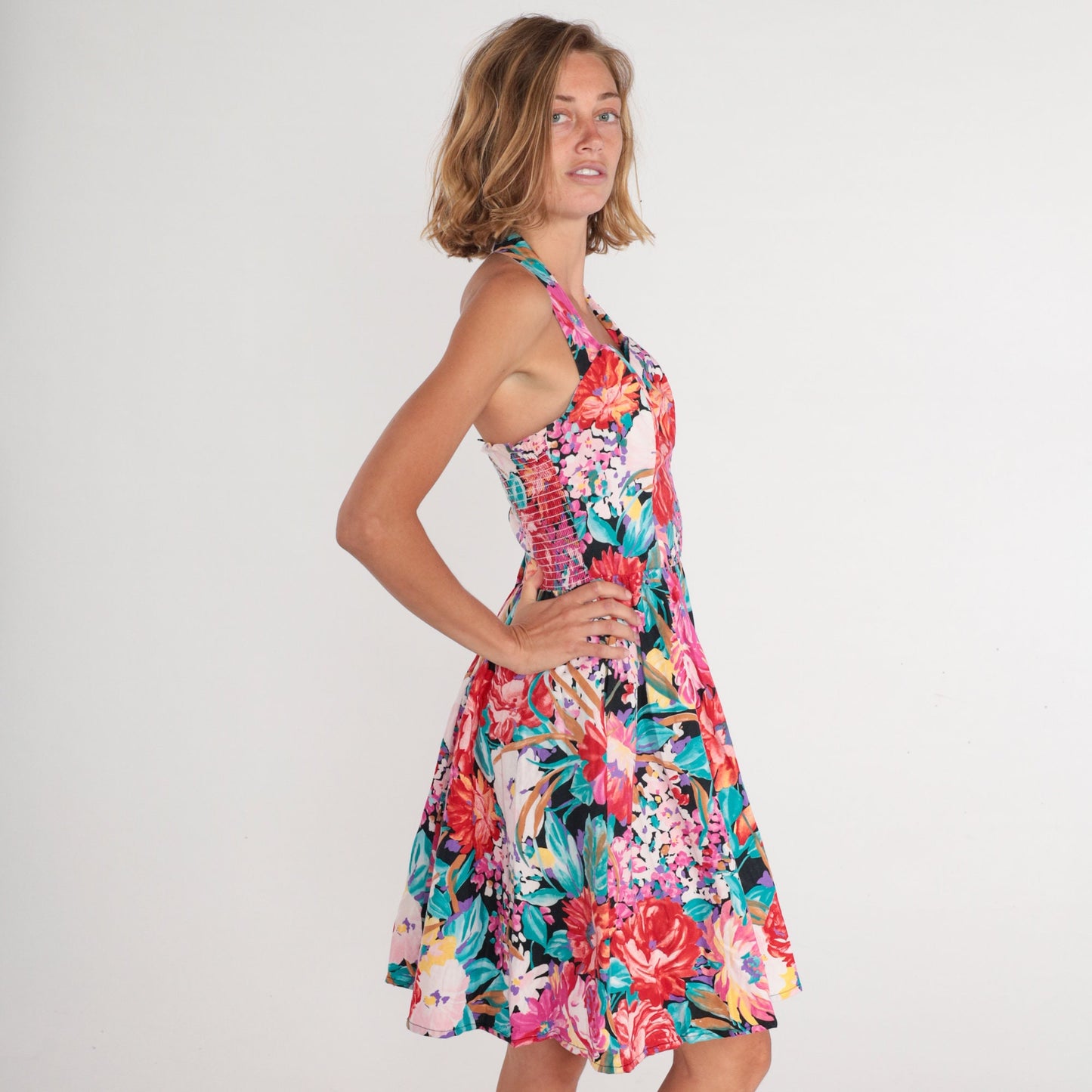 80s Floral Halter Mini Dress Sweetheart Neckline High Waist Full Skirt Extra Small