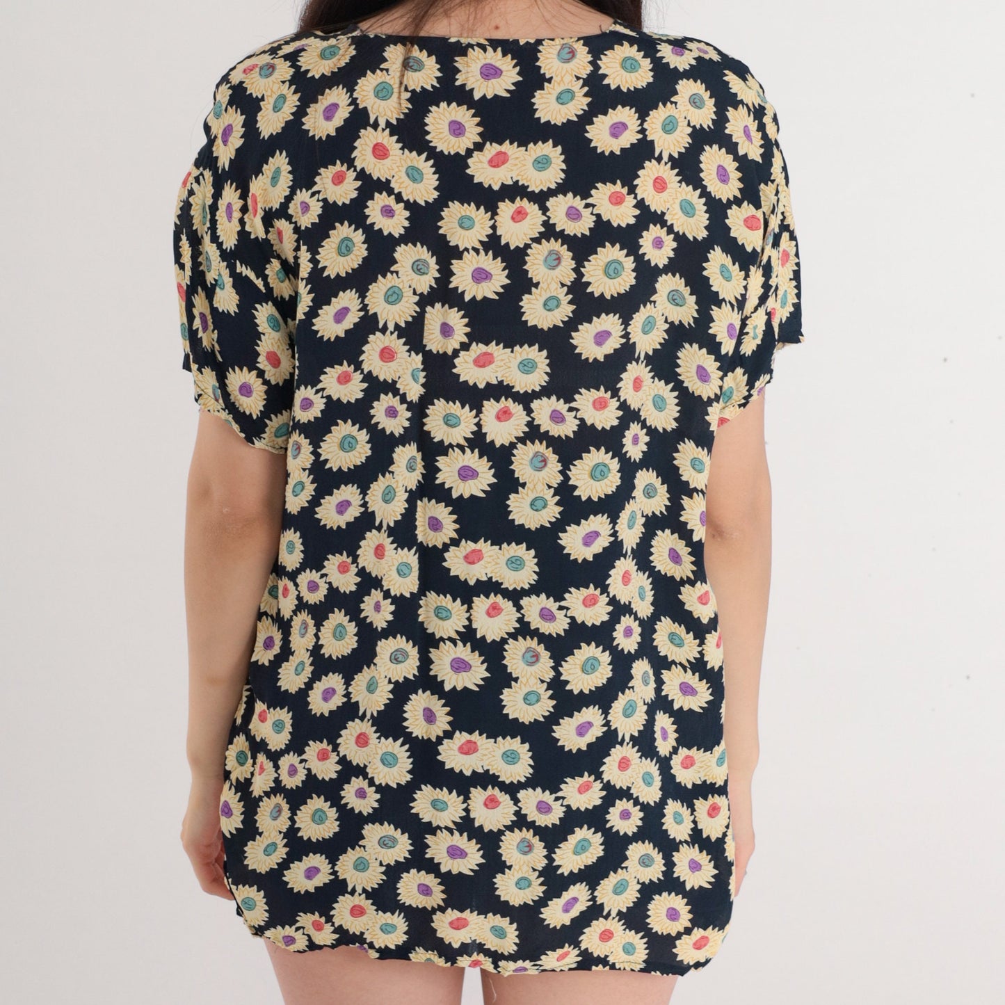 90s Daisy Floral Blouse Navy Puff Sleeve Peasant Top Side Slit Medium Large