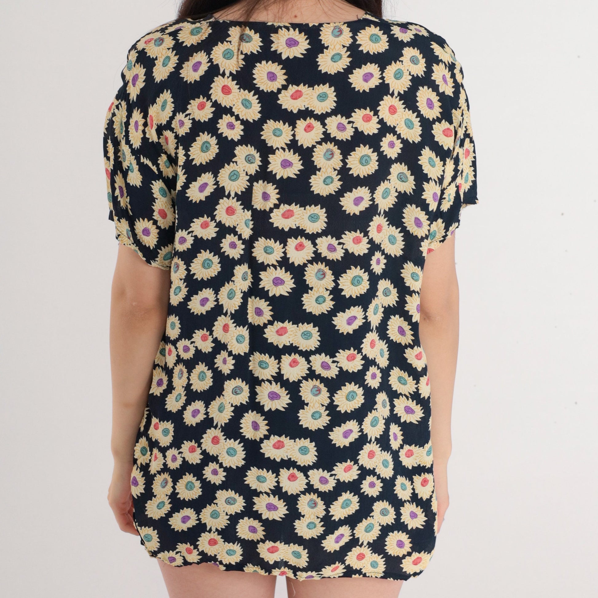 90s Daisy Floral Blouse Navy Puff Sleeve Peasant Top Side Slit Medium Large