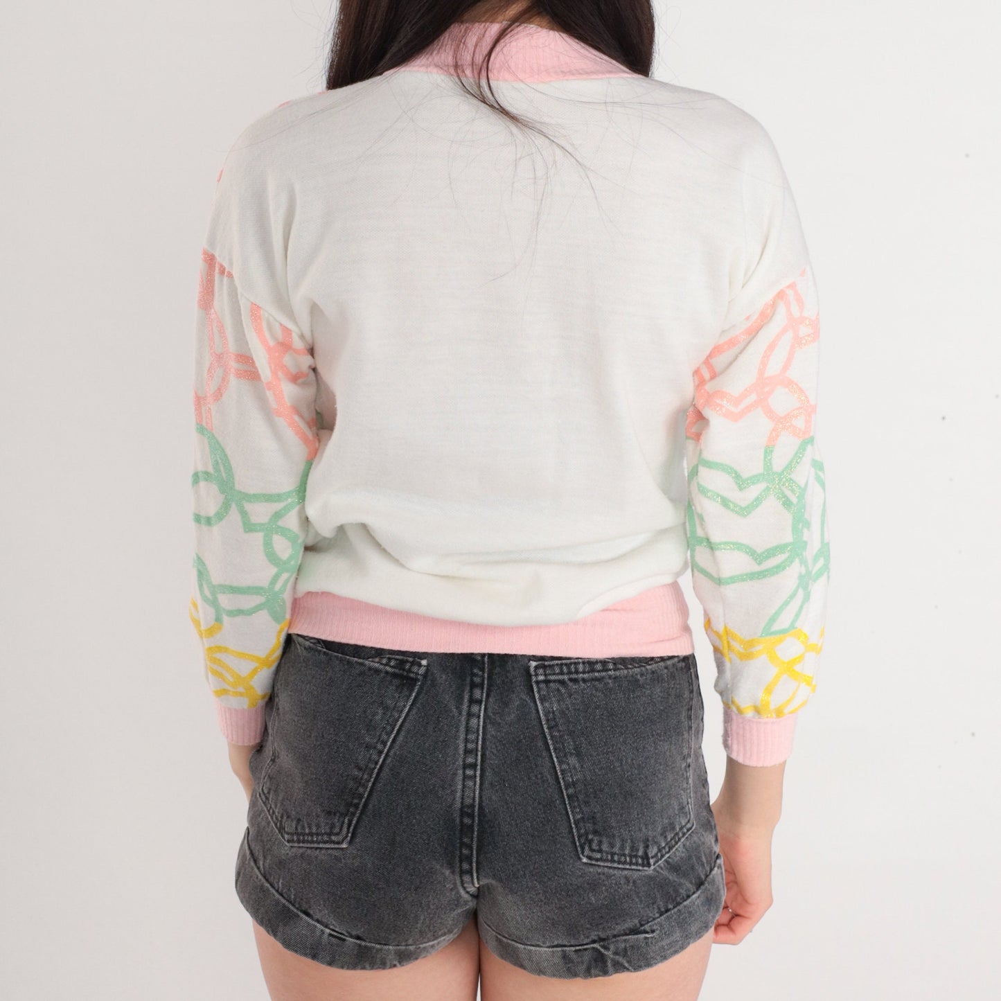 90s Glitter Heart Mock Neck Sweatshirt Floral Lace Patch White Pink Yellow Extra Small