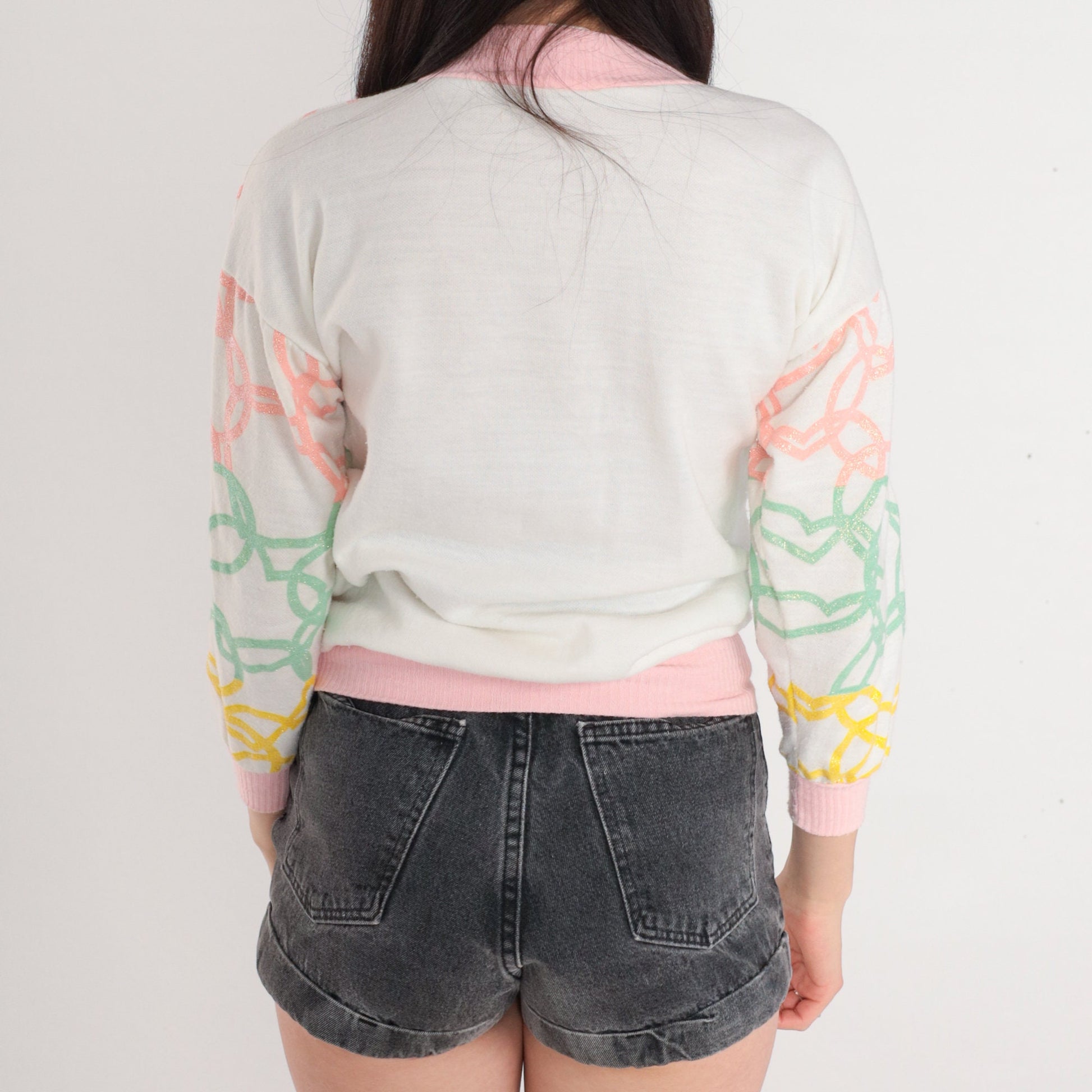 90s Glitter Heart Mock Neck Sweatshirt Floral Lace Patch White Pink Yellow Extra Small