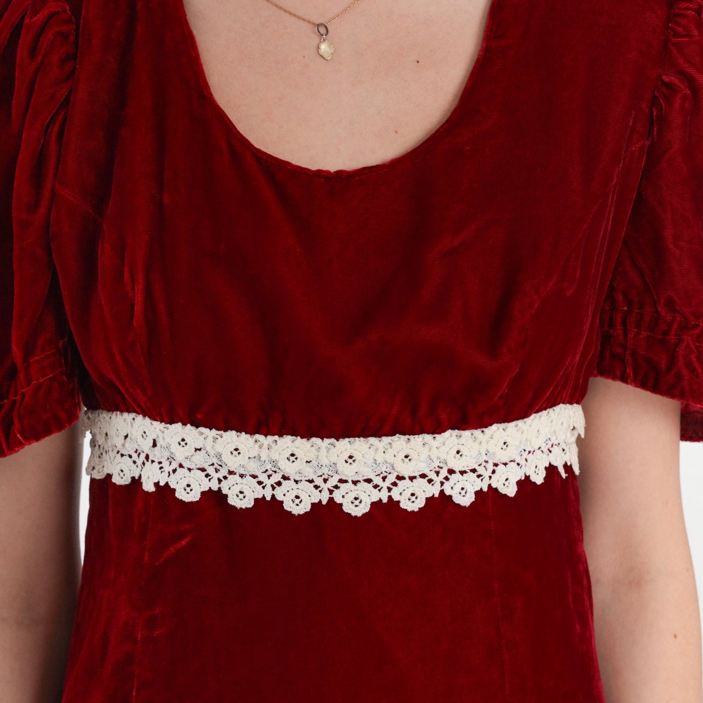 70s Red Velvet Mini Dress Puff Sleeve Empire Waist Lace Trim Small