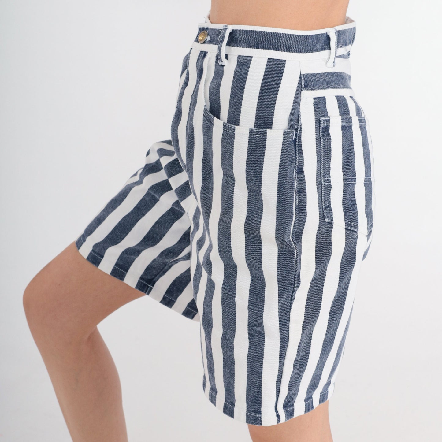 90s Striped Denim Shorts High Waisted Blue White Knee Length Small S