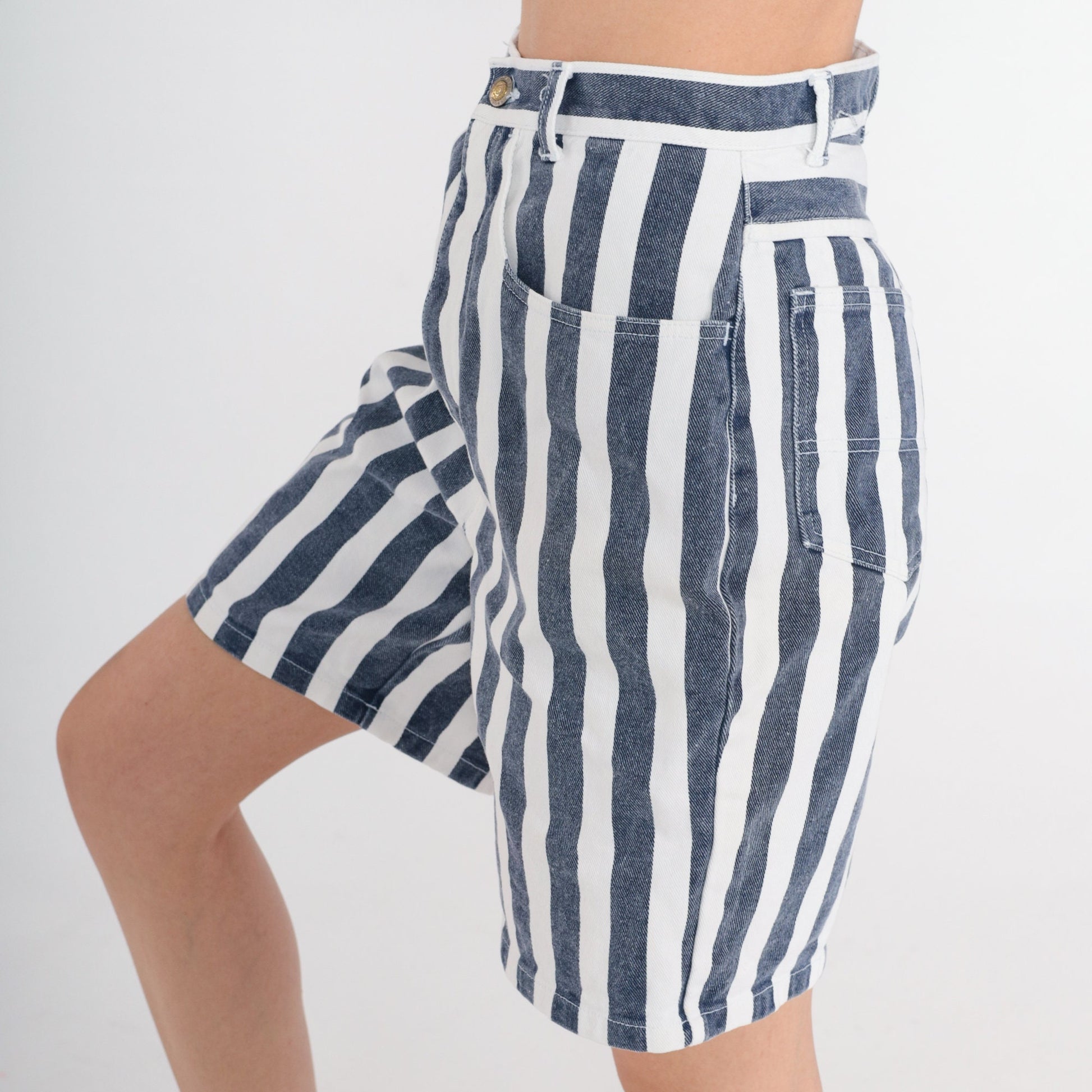 90s Striped Denim Shorts High Waisted Blue White Knee Length Small S