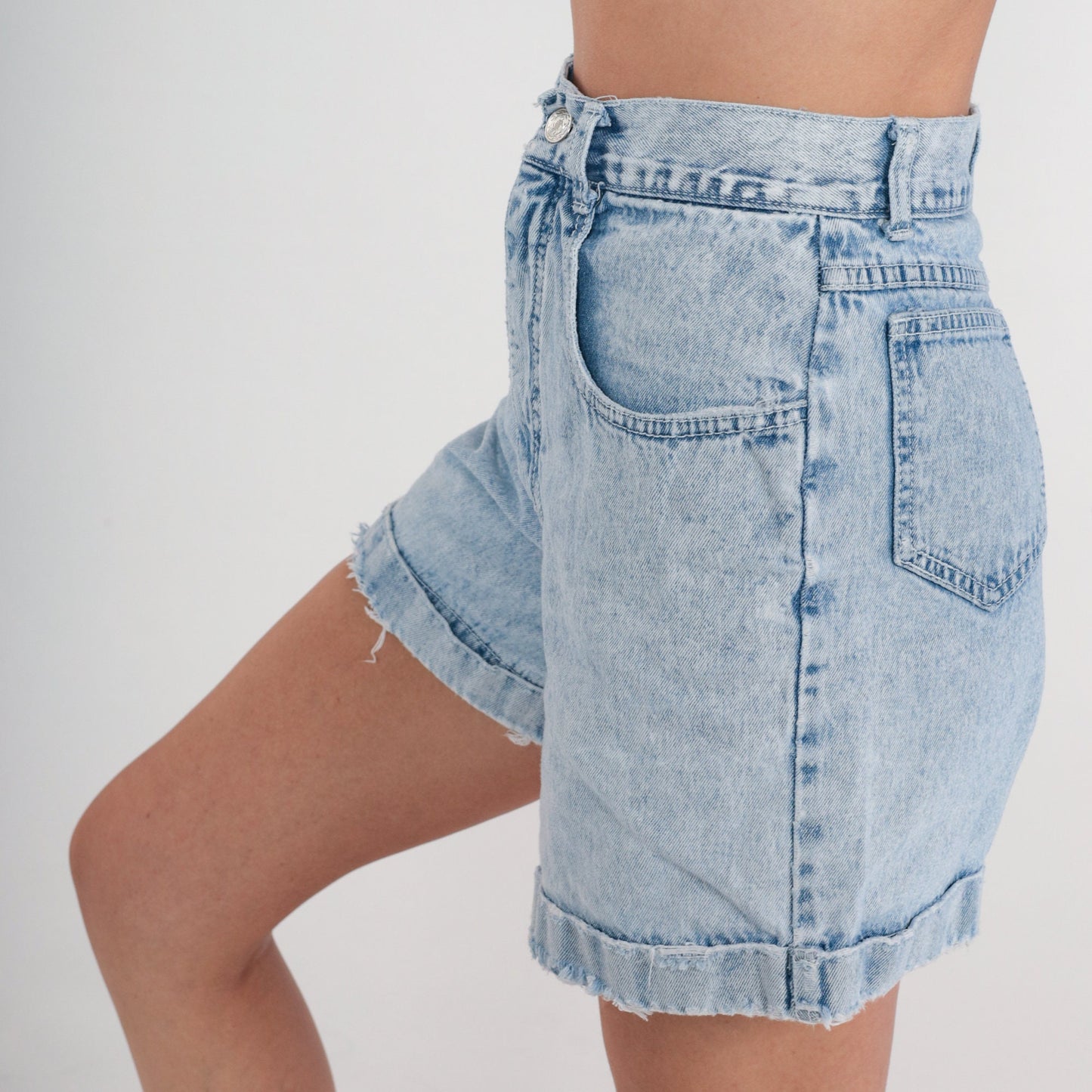 90s Stone Wash Denim Shorts High Waist Cuffed Jean Shorts Light Blue Distressed Extra Small XS