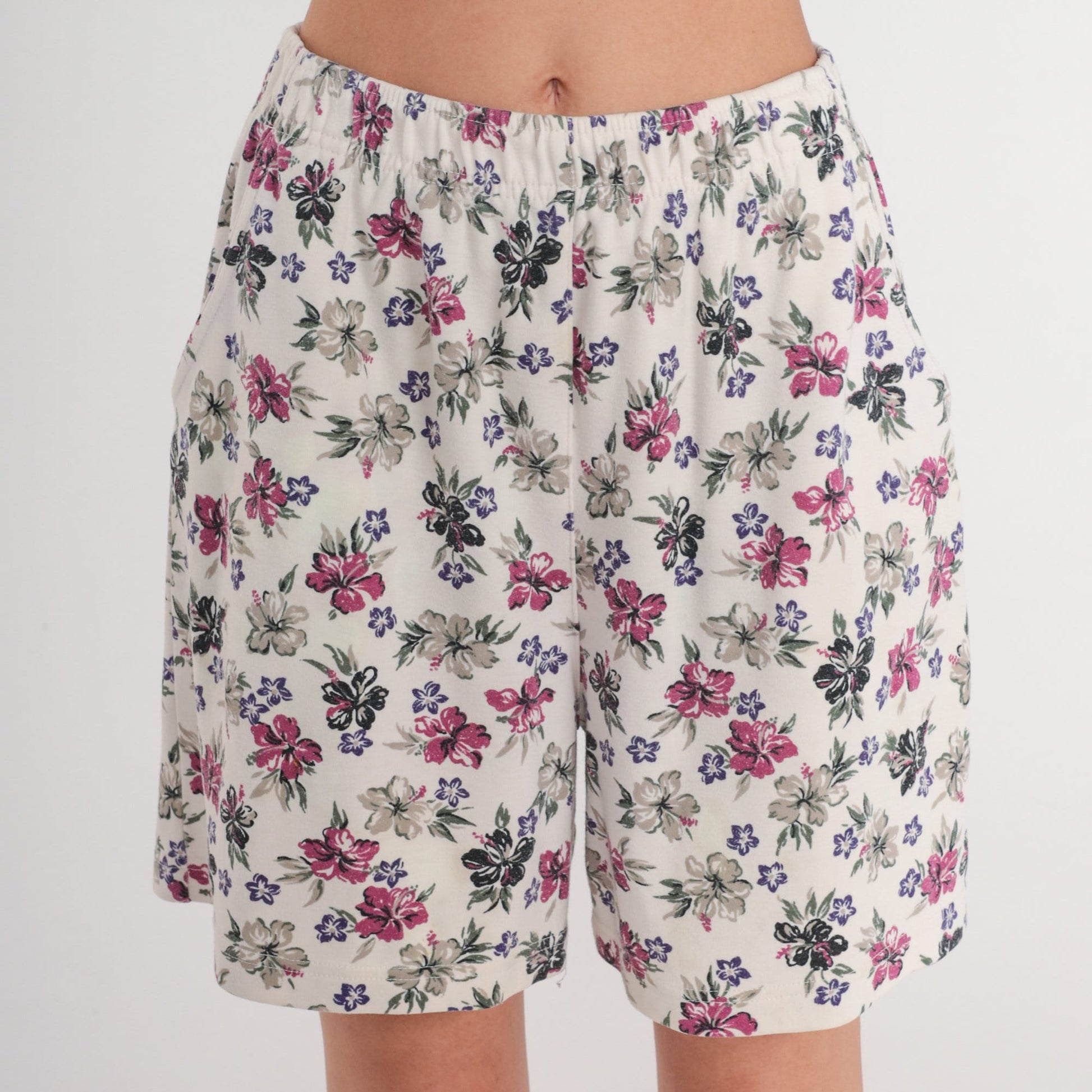 90s Hibiscus Floral Shorts White Tropical High Waist Small