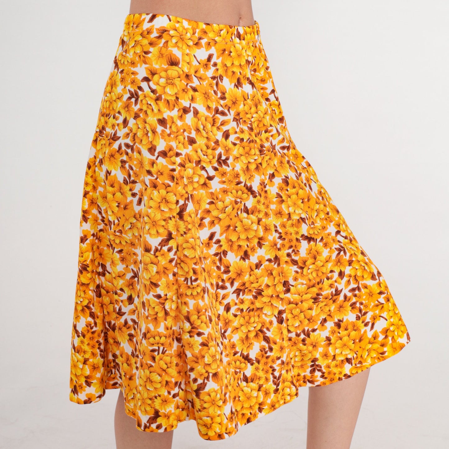 80s Floral Midi Skirt High Waist A-Line White Yellow Orange Small Medium
