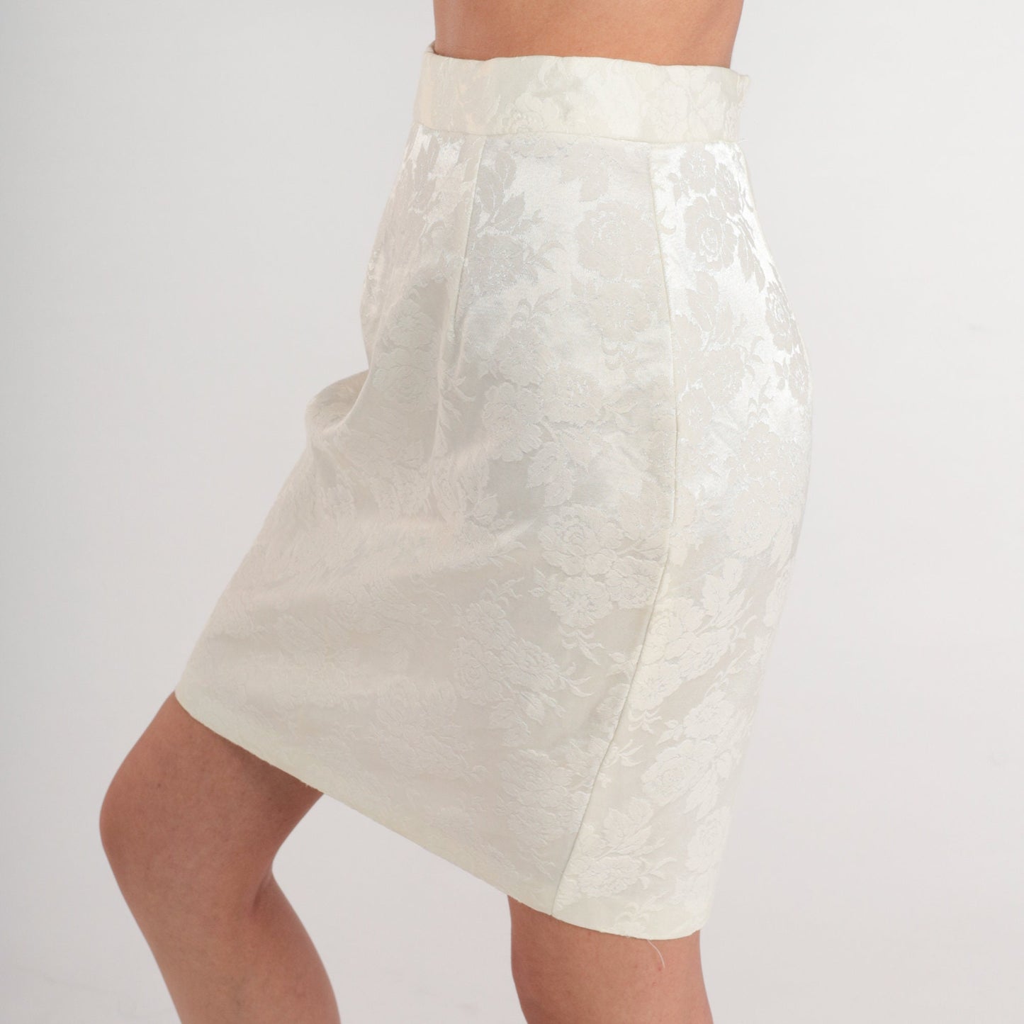 80s White Floral Embossed Mini Skirt High Waisted Pencil Extra Small XS