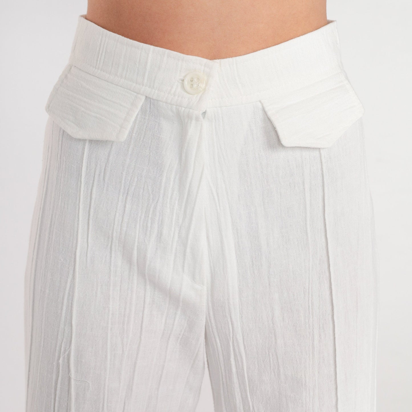 70s White Crinkled High-Rise Wide-Leg Trousers Pleated Straight Leg XS