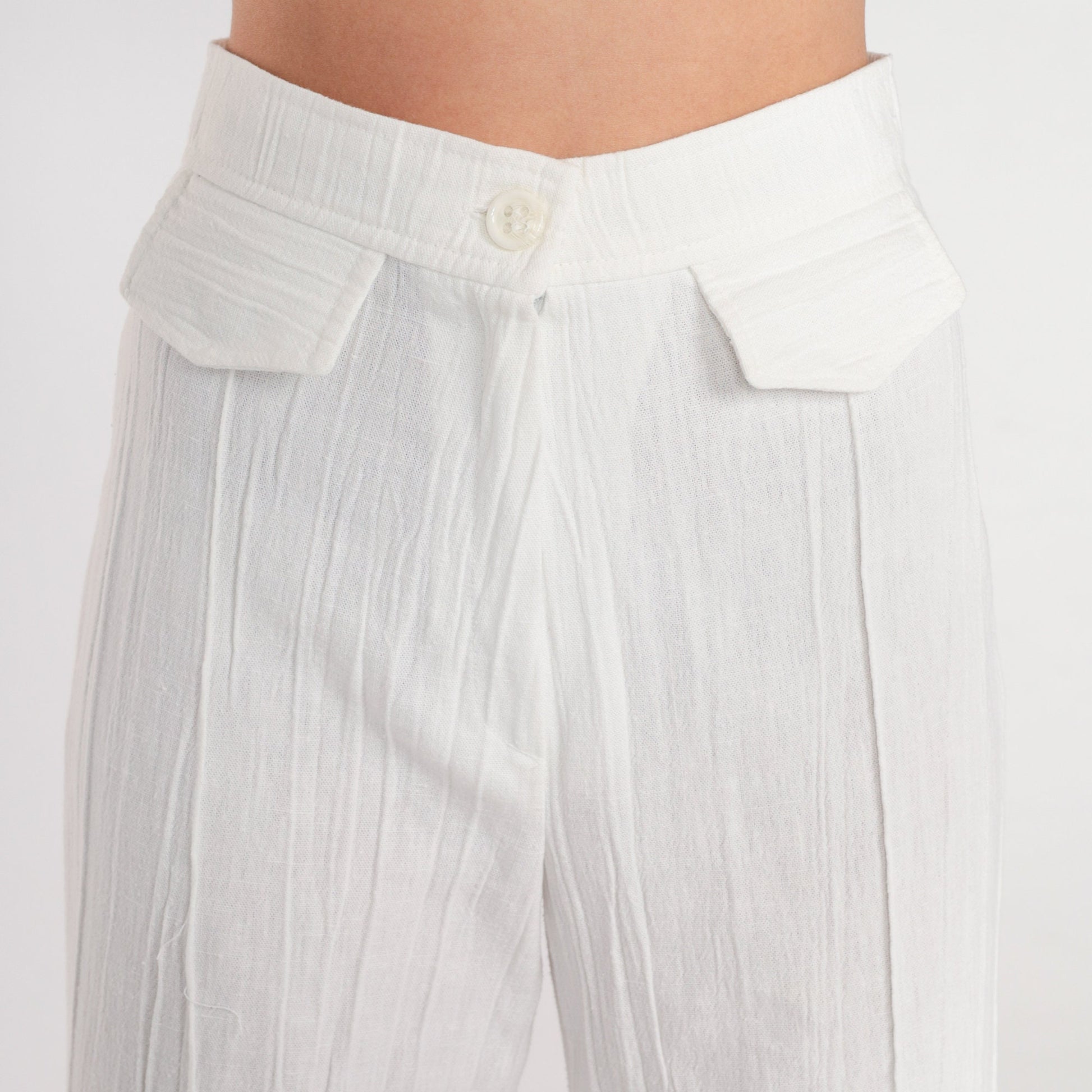 70s White Crinkled High-Rise Wide-Leg Trousers Pleated Straight Leg XS
