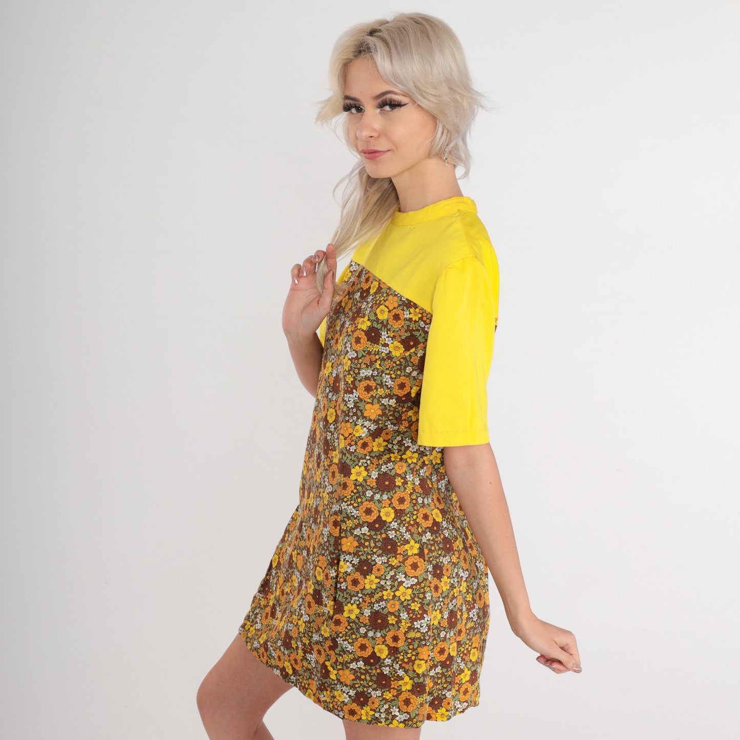 60s Floral Shift Mini Dress Yellow Yoke Short Sleeve Petite Medium