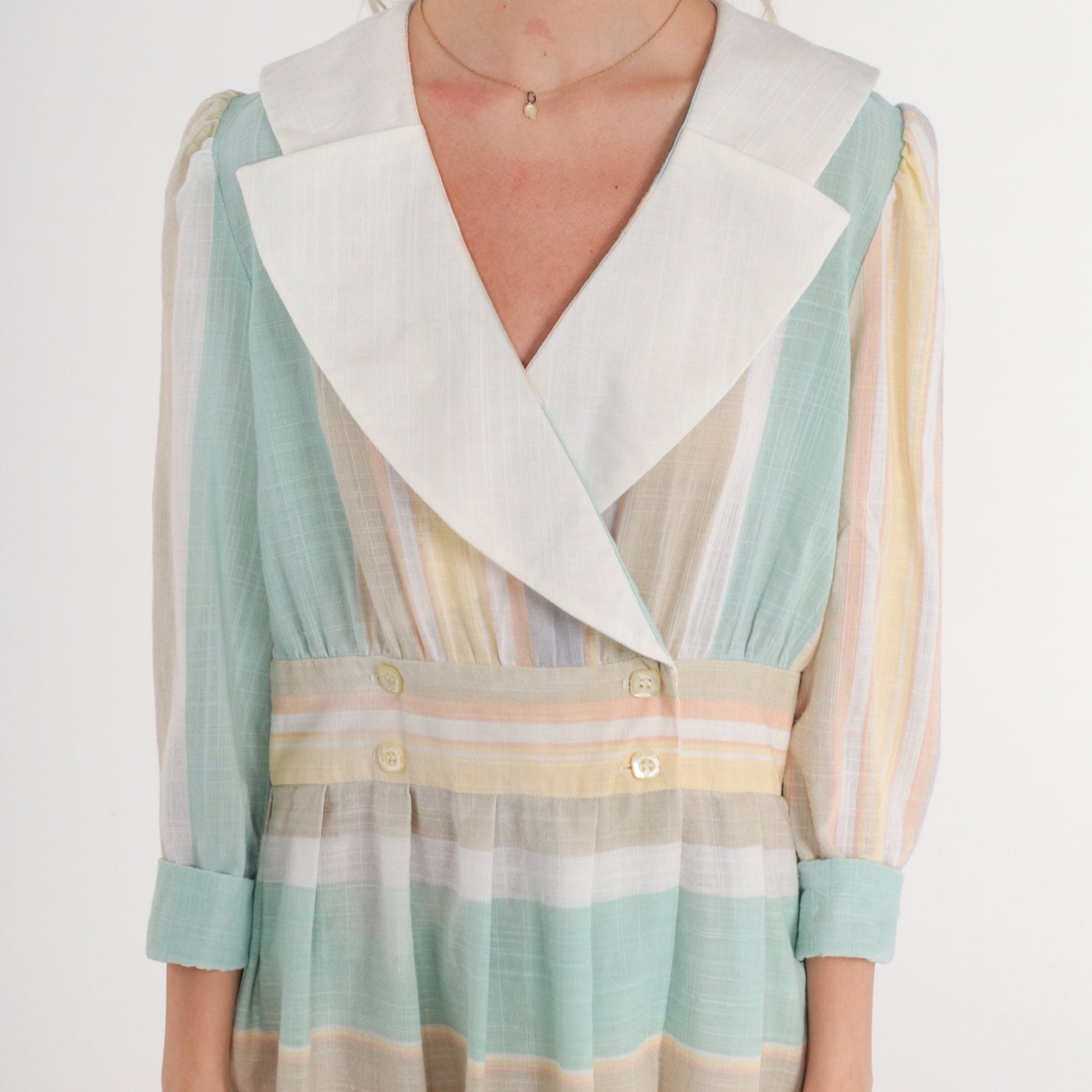 80s Striped Wrap Midi Dress Puff Sleeve Layered Collar Button Up Medium Large