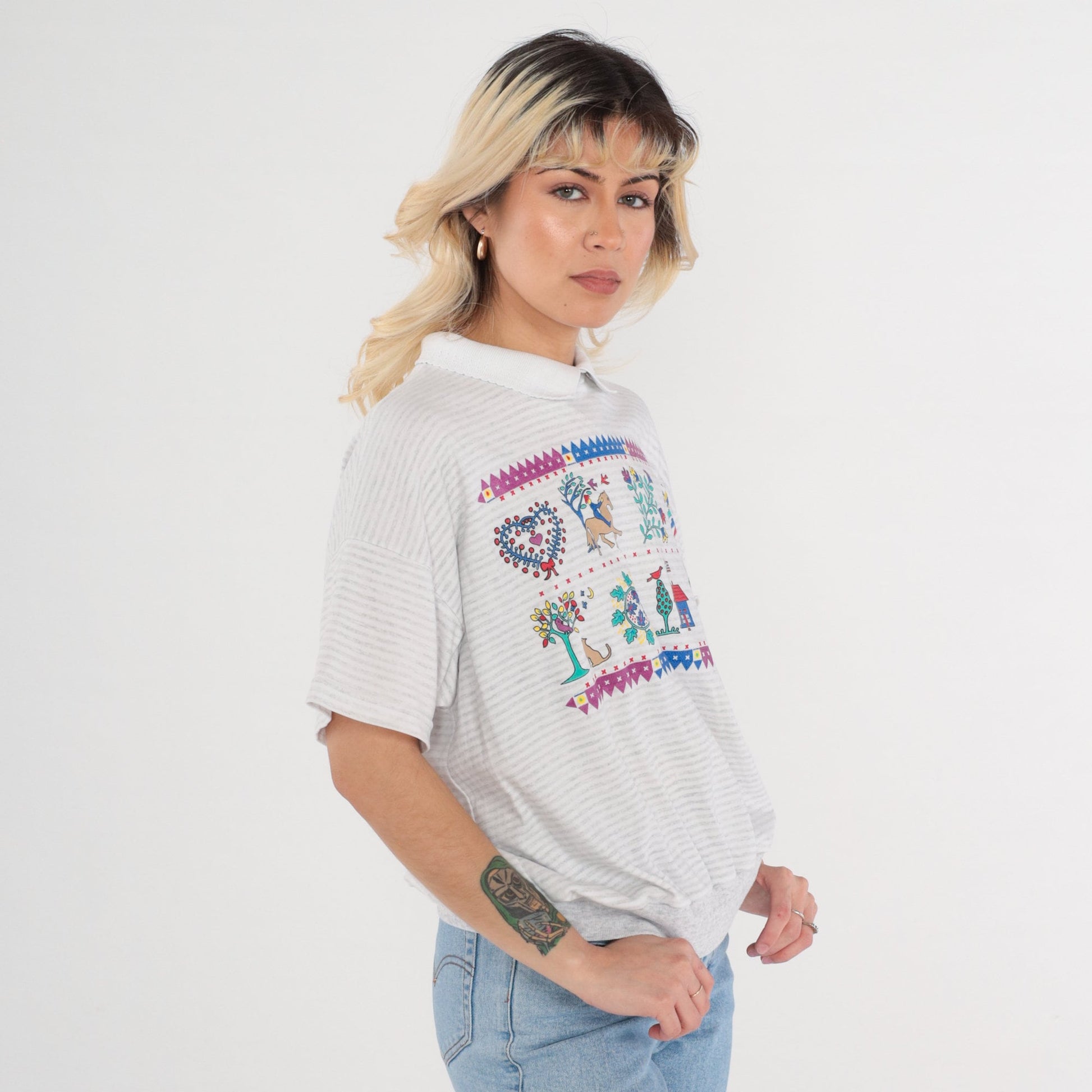 90s Striped Collared Shirt Floral Animal Print Grey White Cotton Large