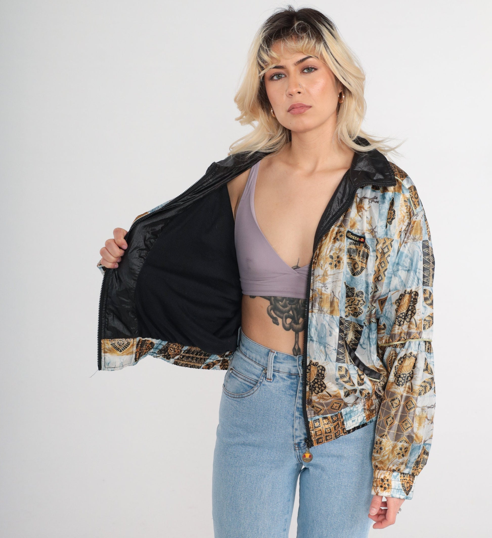 80s Ellesse Windbreaker Jacket Blue White Marble Geometric Floral Print Zip Bomber XS