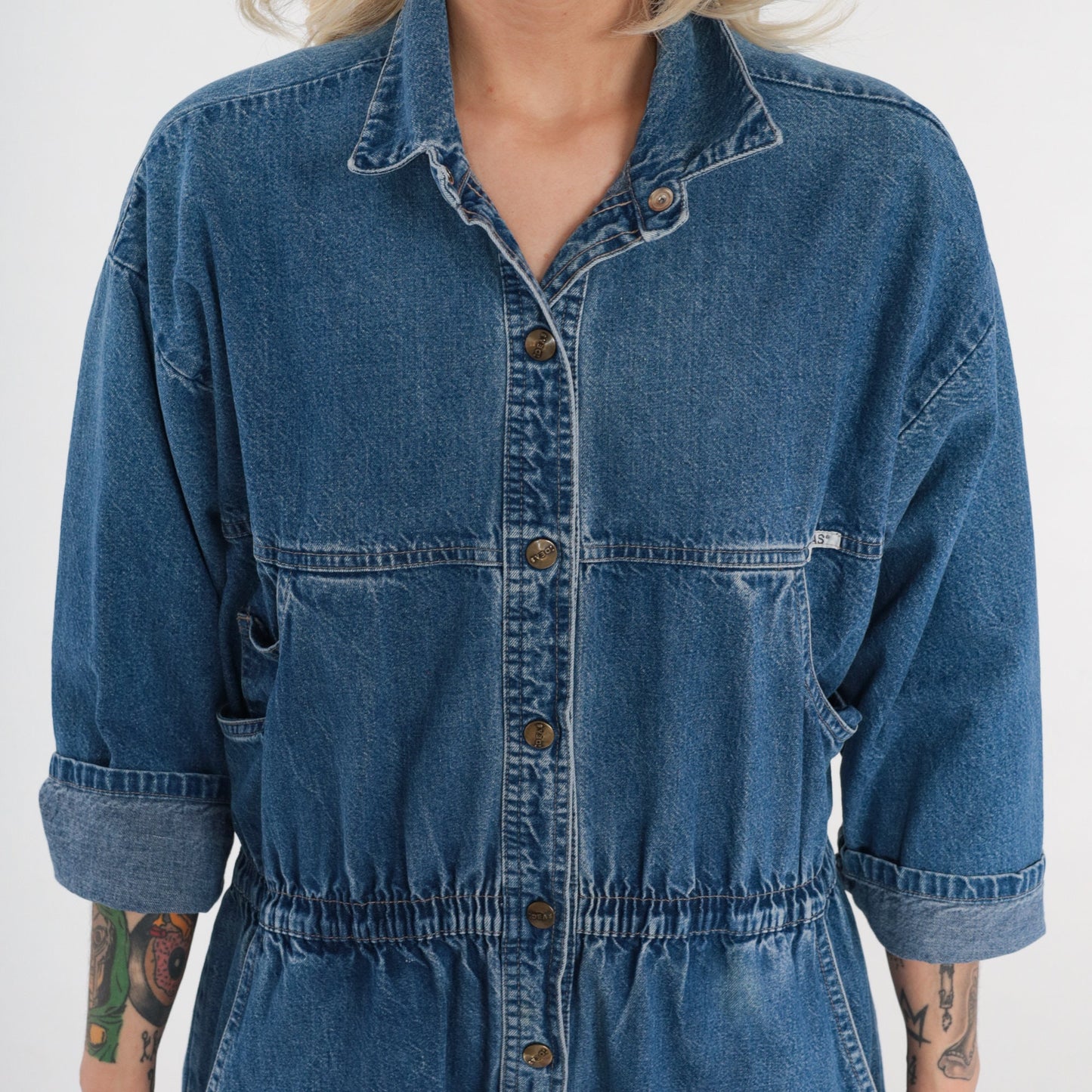 90s Ideas Denim Jumpsuit Blue Snap Chest 3/4 Sleeve Medium