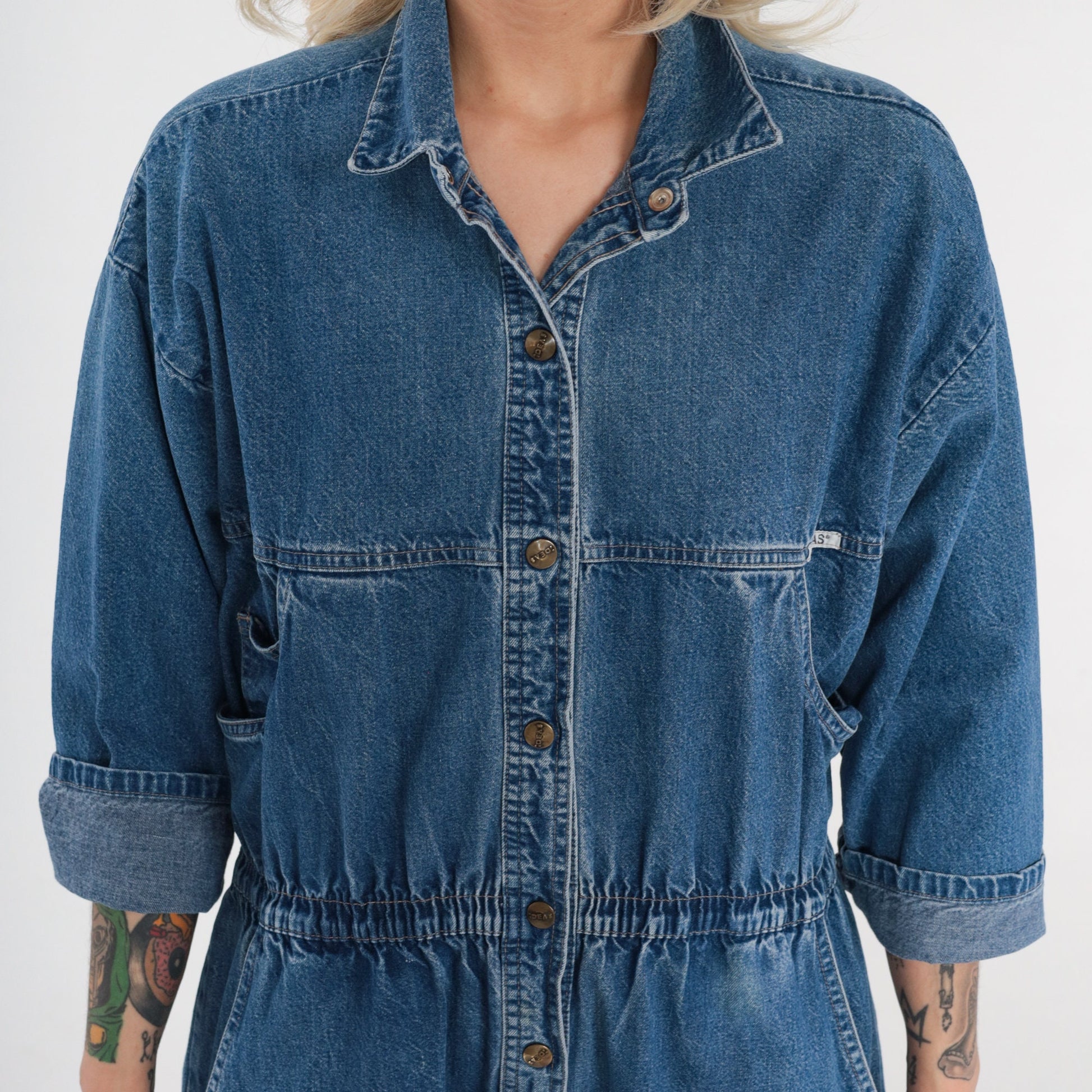 90s Ideas Denim Jumpsuit Blue Snap Chest 3/4 Sleeve Medium