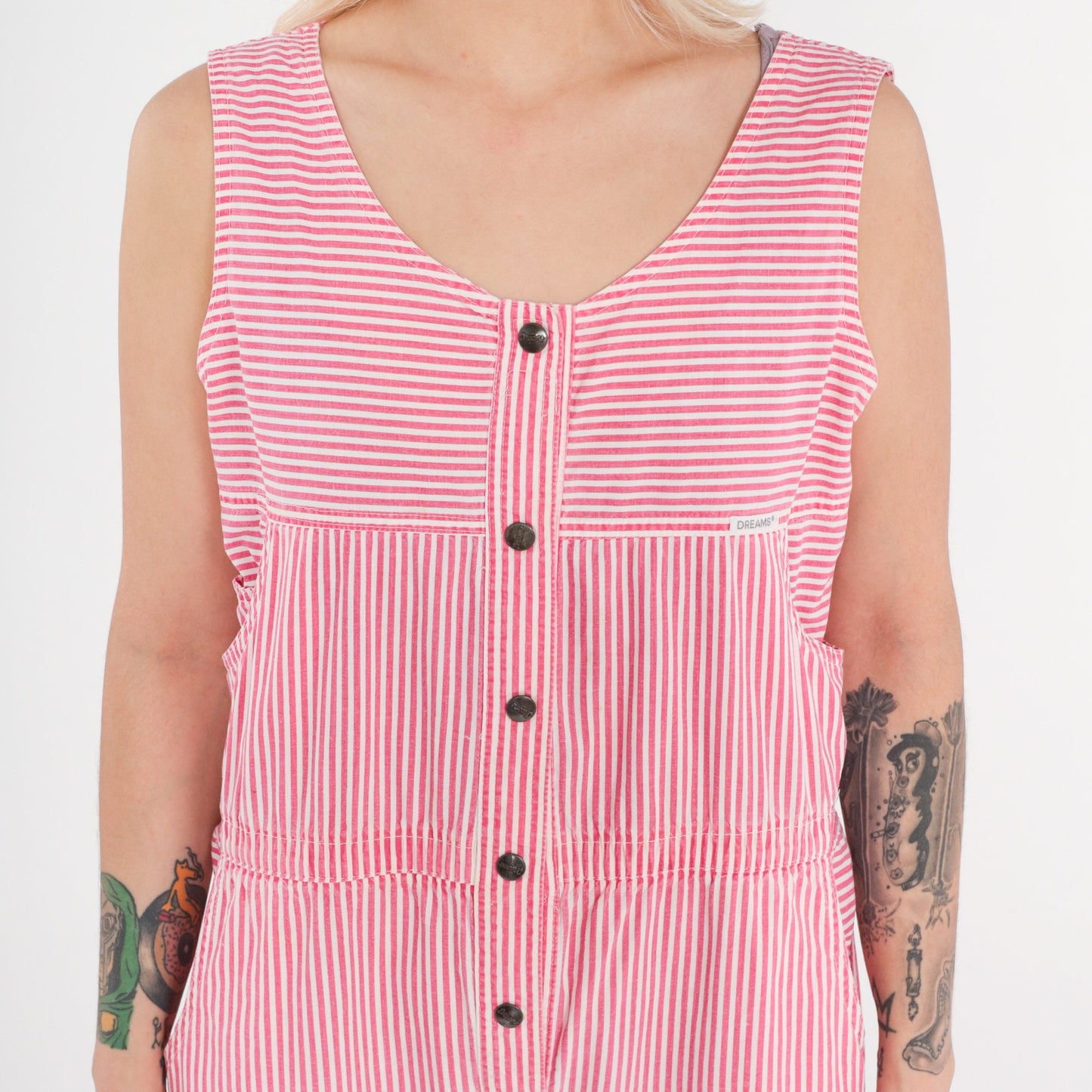 90s Dreams Striped Jumpsuit Pink White Snap Front Sleeveless Medium