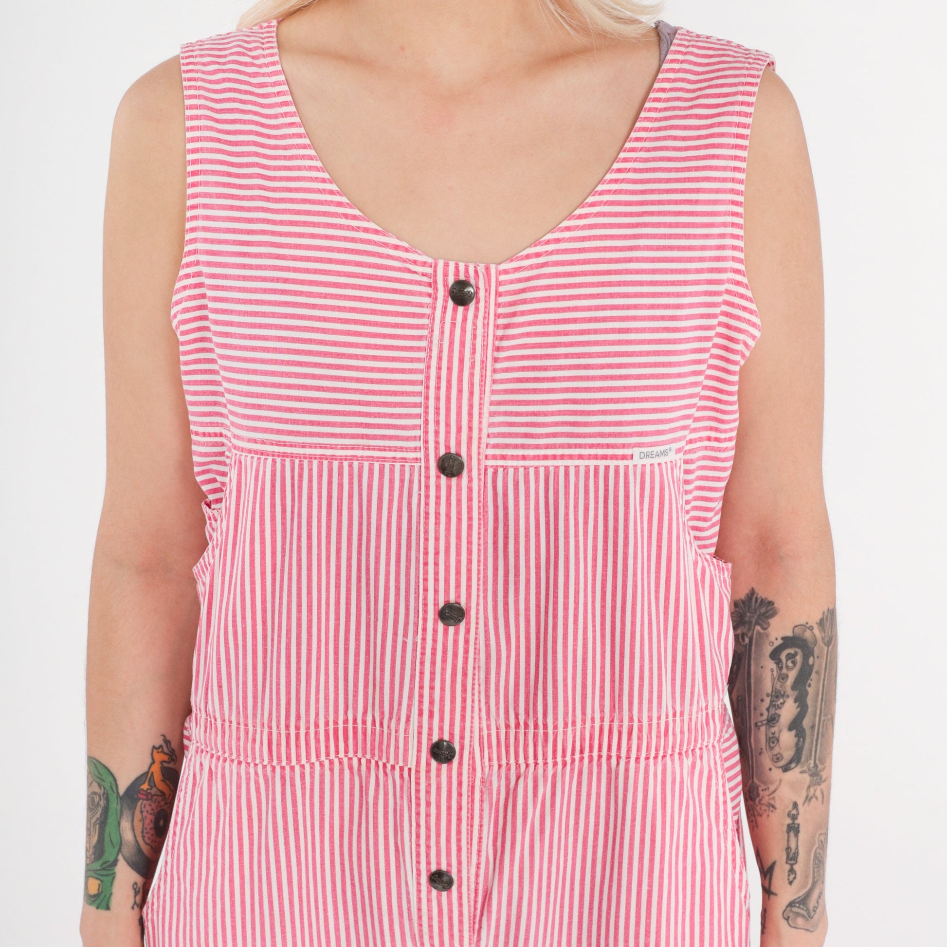 90s Dreams Striped Jumpsuit Pink White Snap Front Sleeveless Medium