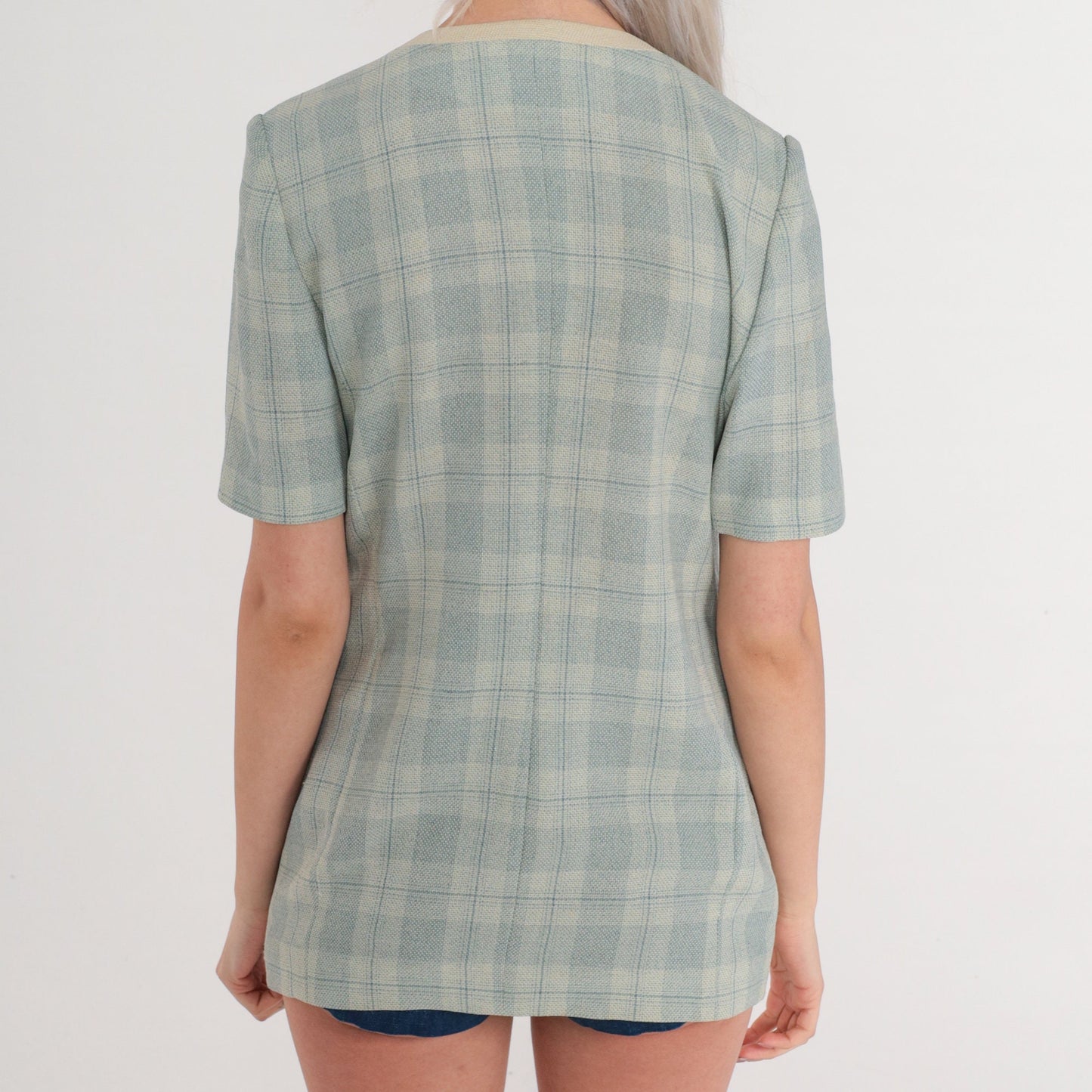 80s Blue Plaid Button-Up Blouse Beige Trim Short Sleeve Extra Small XS