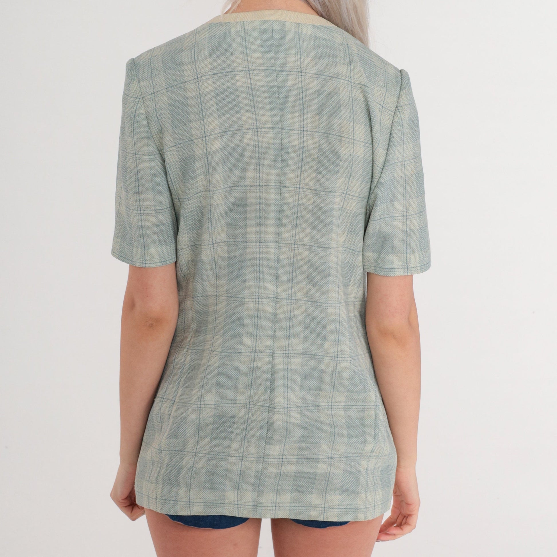 80s Blue Plaid Button-Up Blouse Beige Trim Short Sleeve Extra Small XS