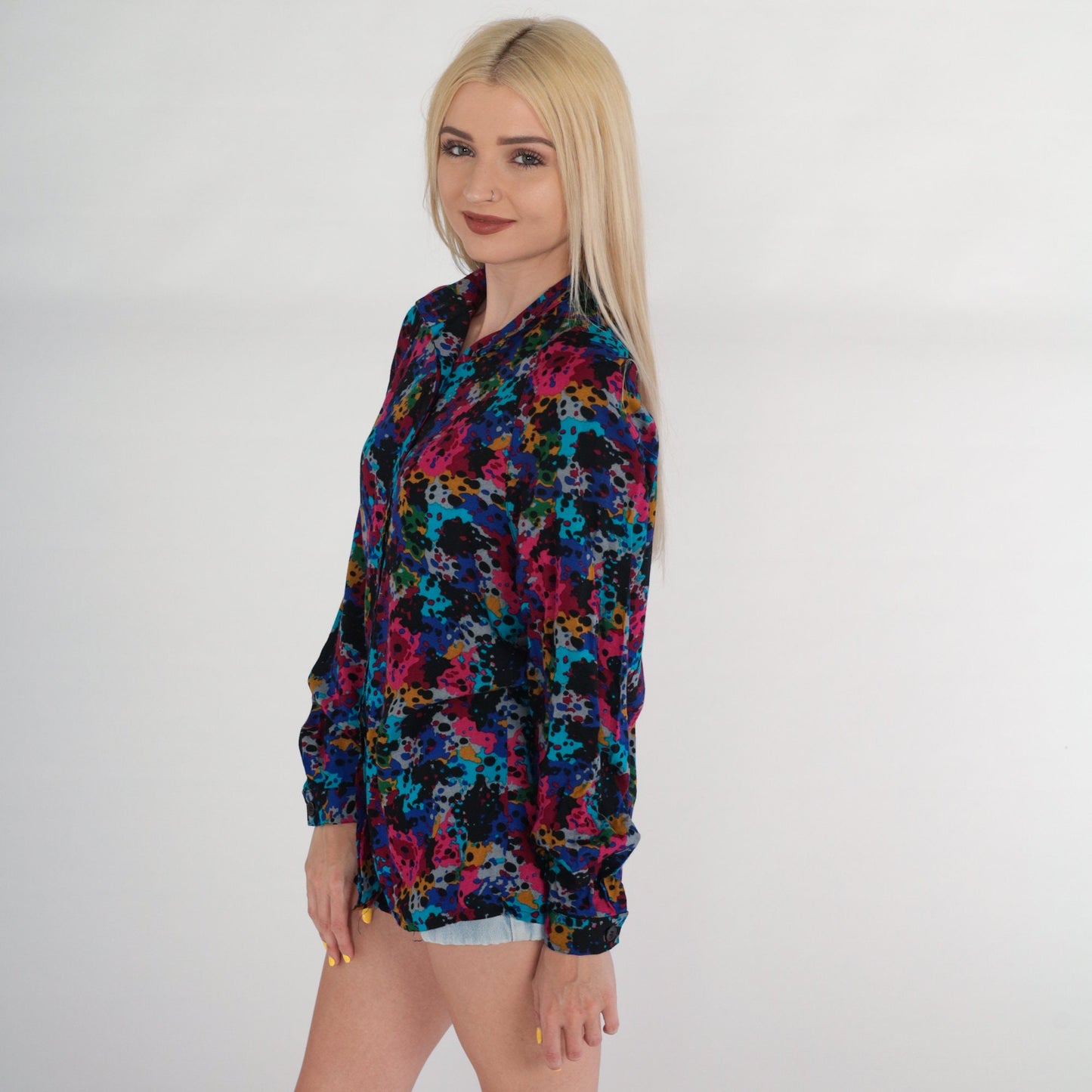 80s Abstract Paint Splatter Button-Up Blouse Multicolor Long Sleeve Small