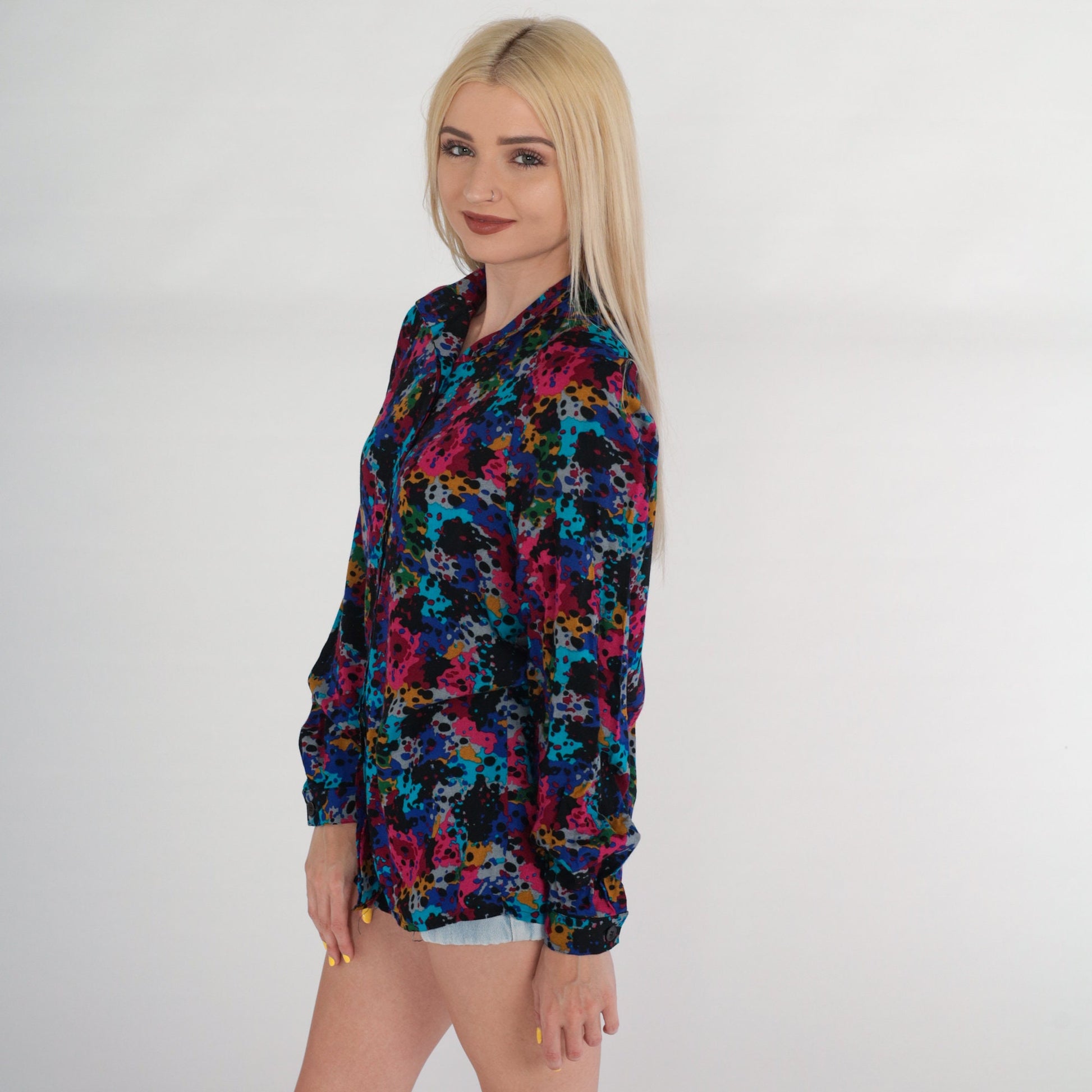 80s Abstract Paint Splatter Button-Up Blouse Multicolor Long Sleeve Small