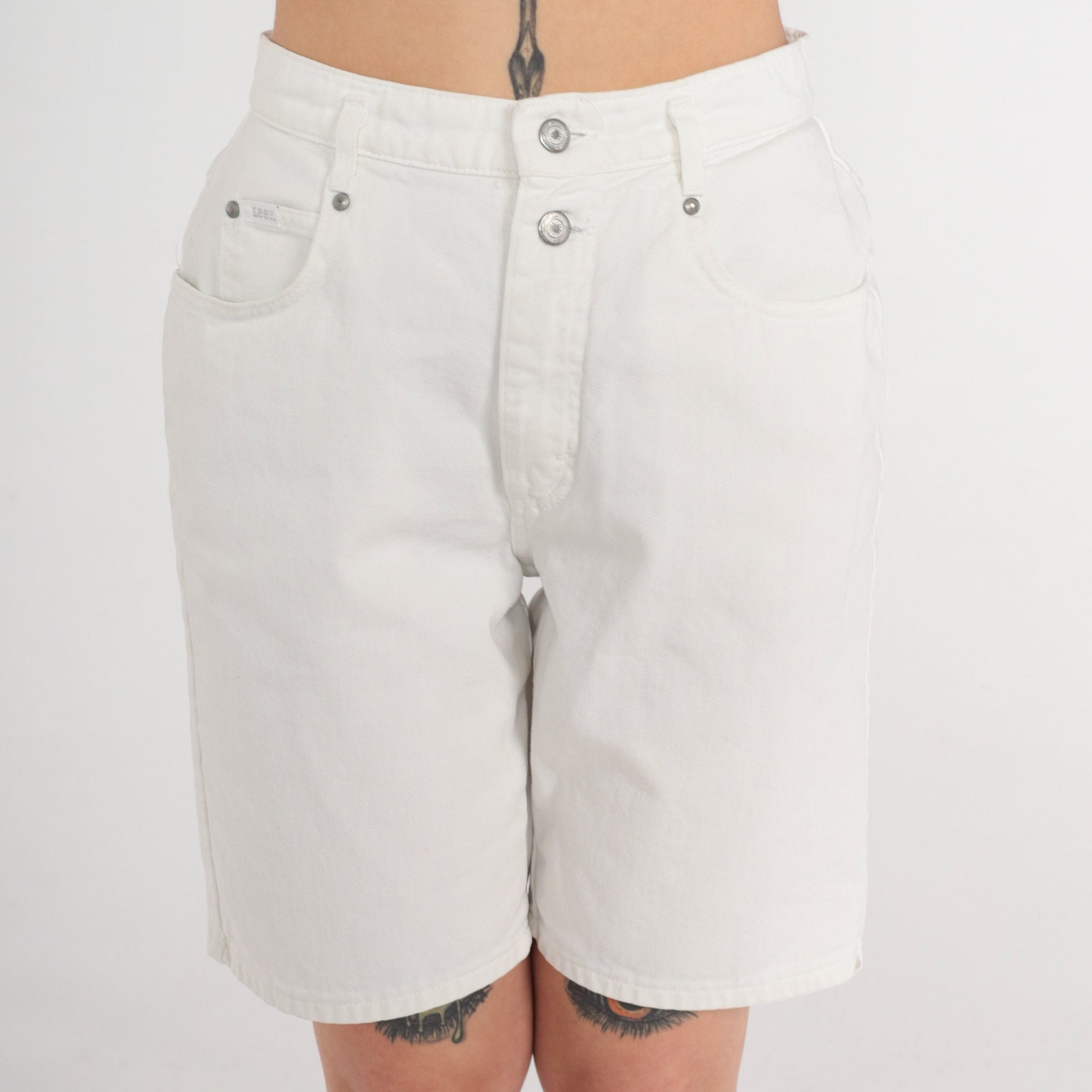 90s Lee White Denim Shorts High Waist Knee Length Small 28