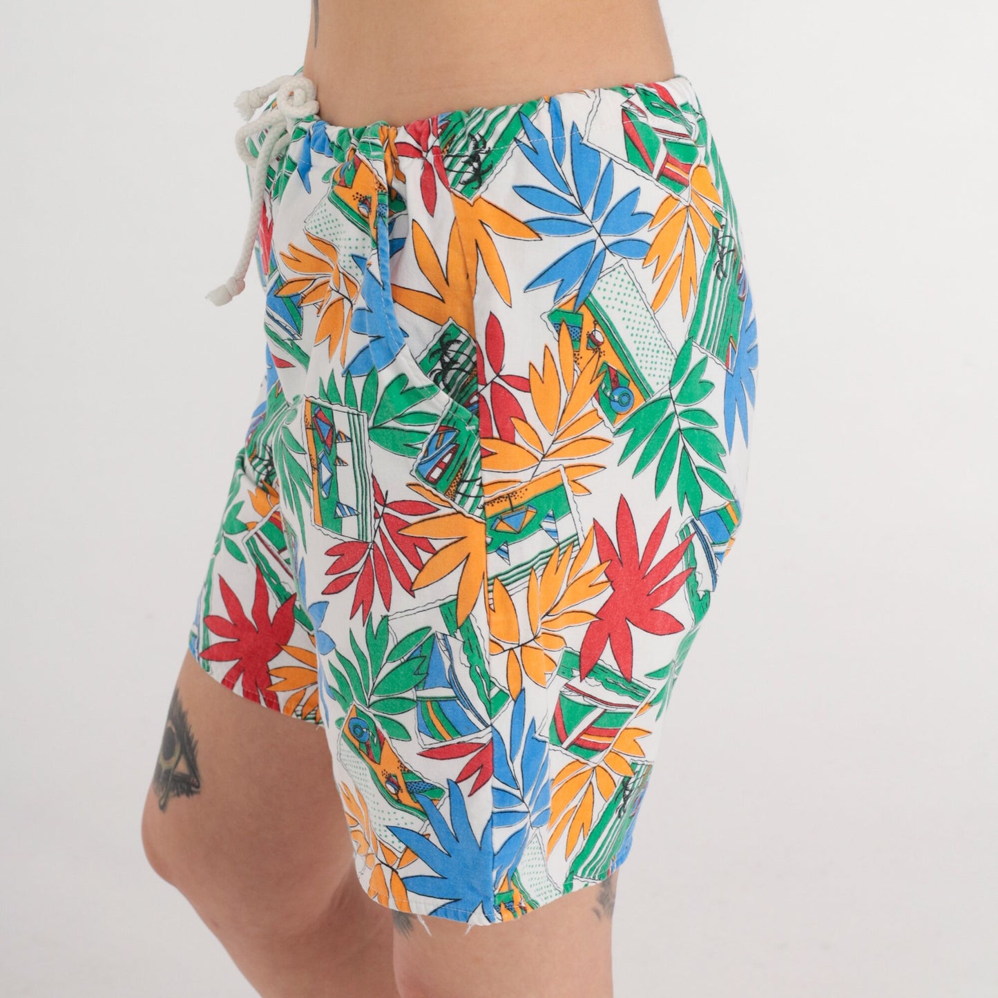 90s Tropical Leaf Boat Print Cotton Shorts High Waist Drawstring White Medium
