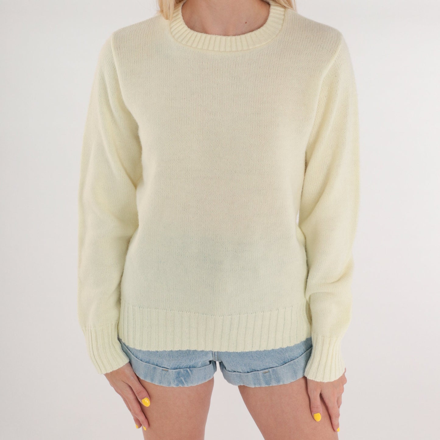 70s Cream Acrylic Knit Crewneck Pullover Sweater Small S