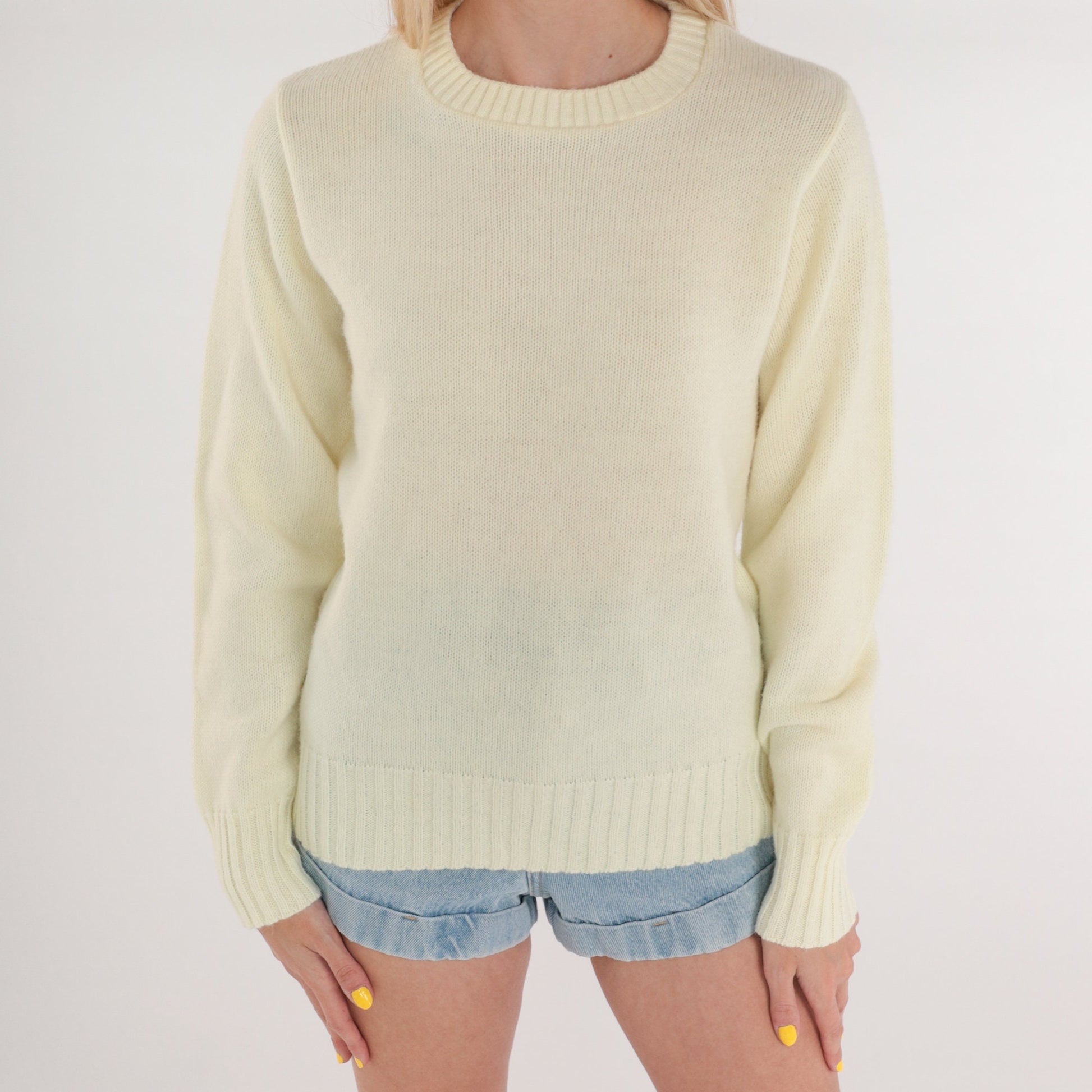 70s Cream Acrylic Knit Crewneck Pullover Sweater Small S
