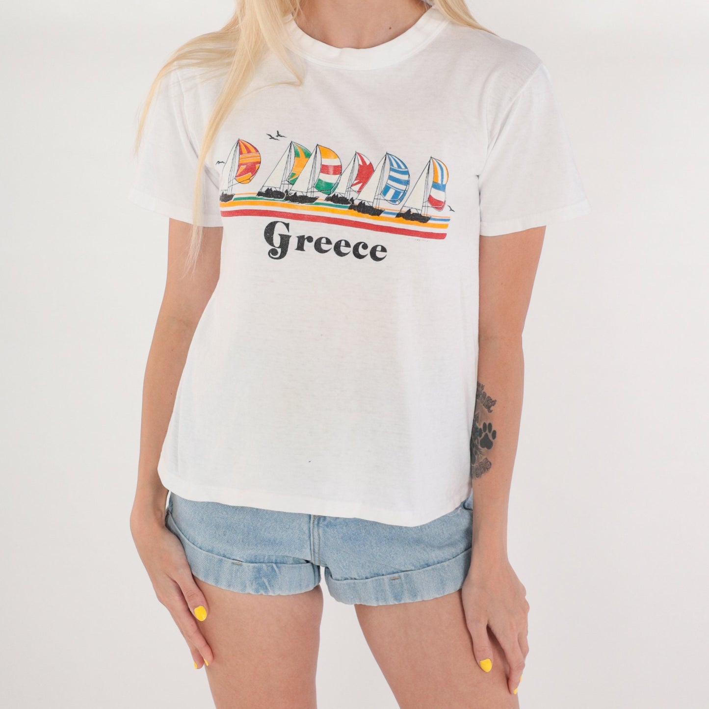 80s Greece Sailboat Graphic T-Shirt White Single Stitch Nautical Tee Extra Small