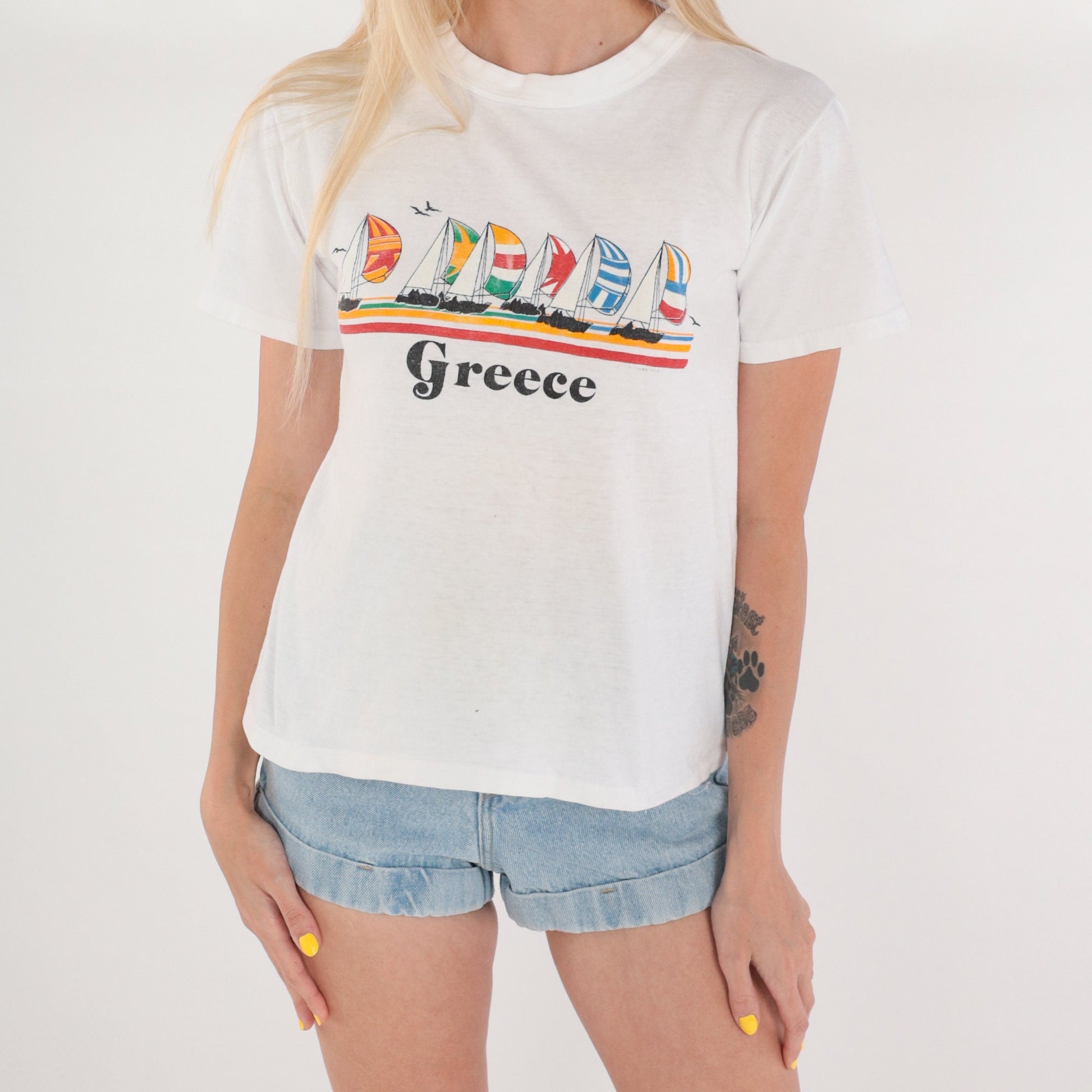 80s Greece Sailboat Graphic T-Shirt White Single Stitch Nautical Tee Extra Small