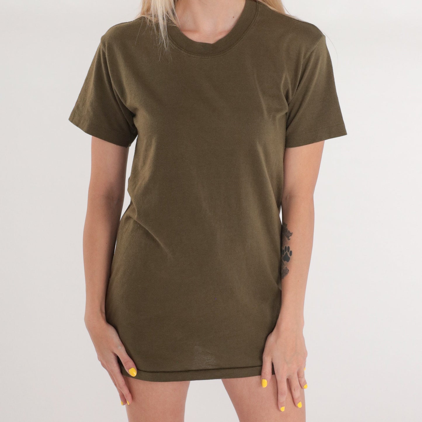 80s Olive Brown Crewneck T-Shirt Single Stitch Plain Tee Small S