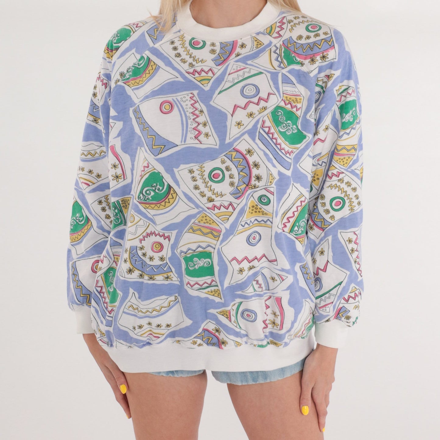 90s Abstract Floral Sweatshirt White Graphic Ringer Crewneck Medium M