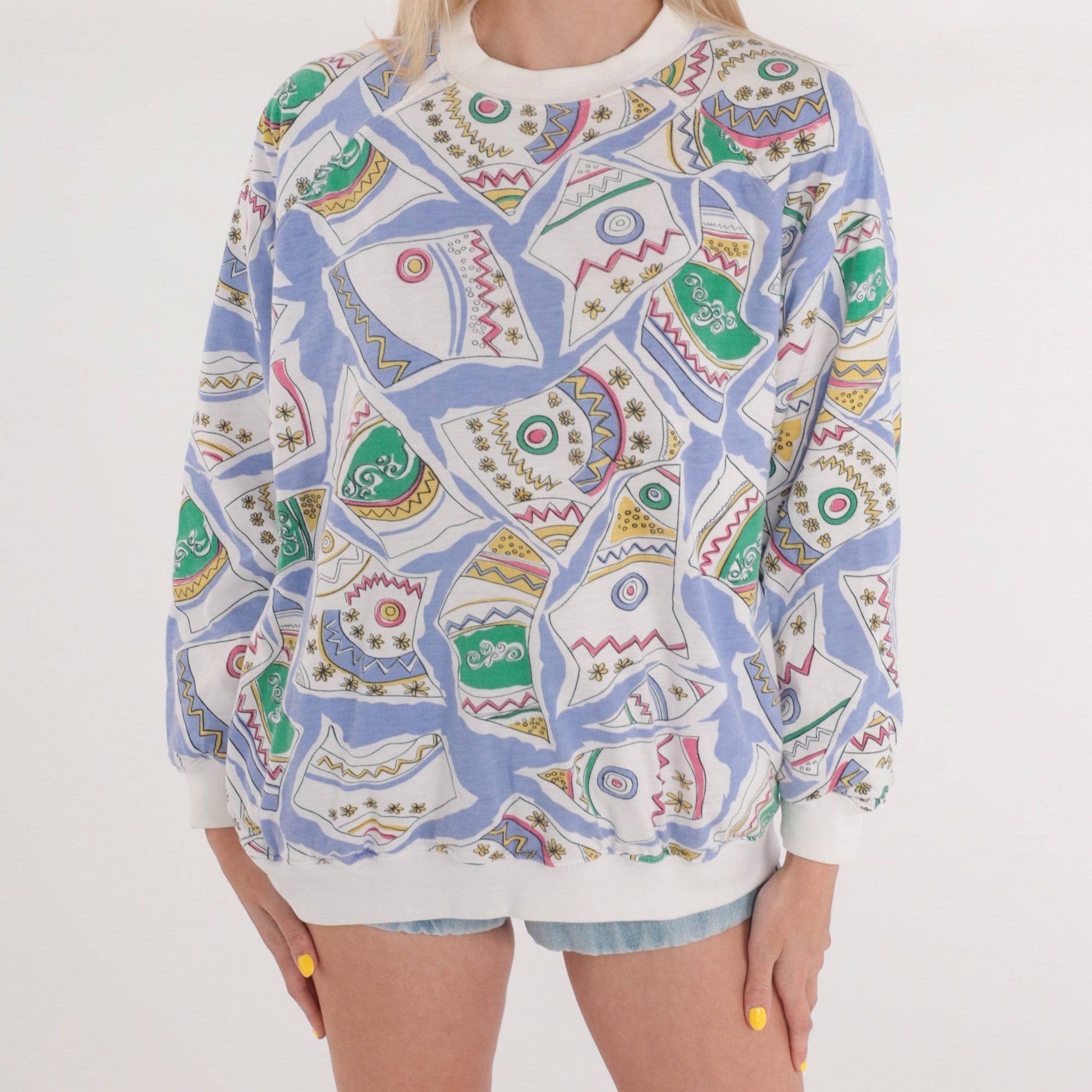90s Abstract Floral Sweatshirt White Graphic Ringer Crewneck Medium M