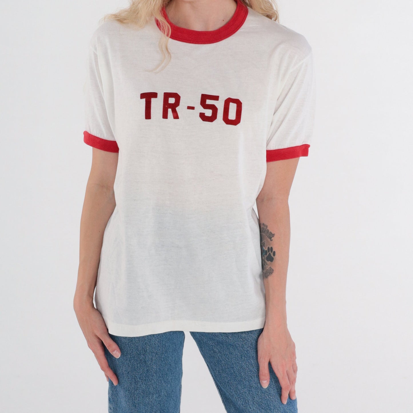80s TR-50 Ringer Tee White Red Graphic T-Shirt Single Stitch Large L