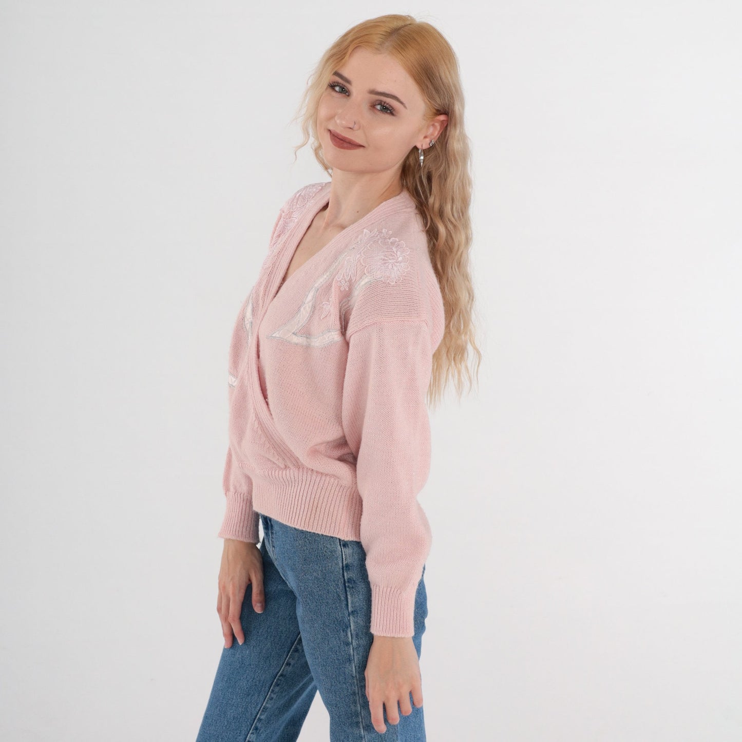 80s Pink Floral Knit Sweater V-Neck Faux Wrap Embroidered Medium M
